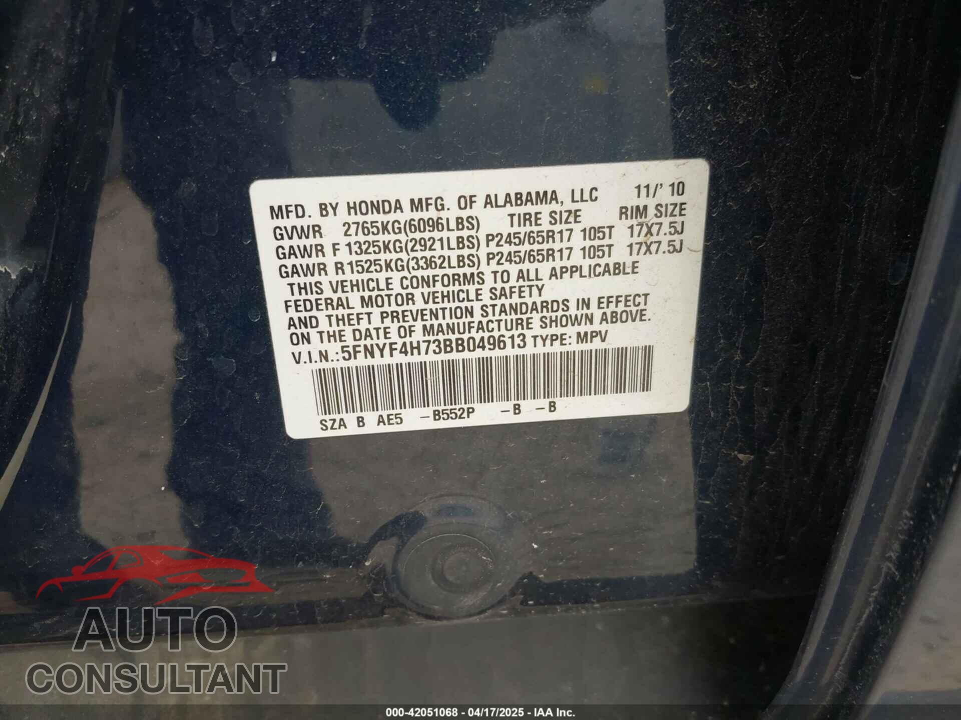 HONDA PILOT 2011 - 5FNYF4H73BB049613