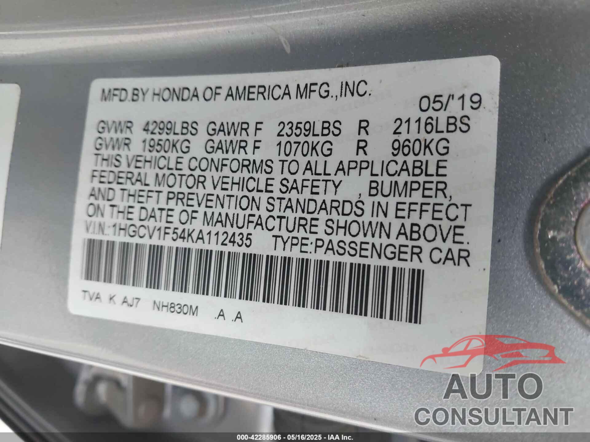 HONDA ACCORD 2019 - 1HGCV1F54KA112435
