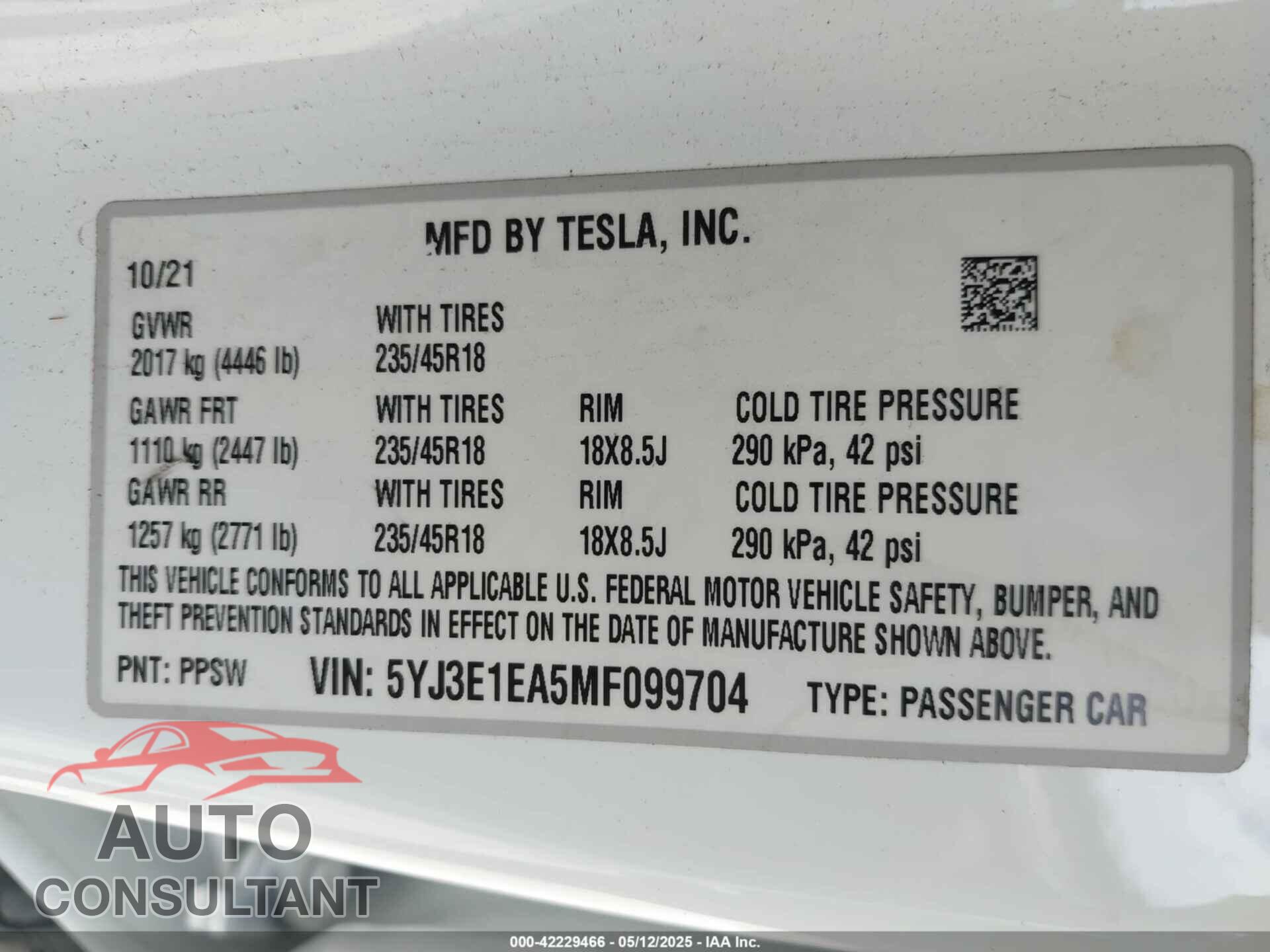 TESLA MODEL 3 2021 - 5YJ3E1EA5MF099704