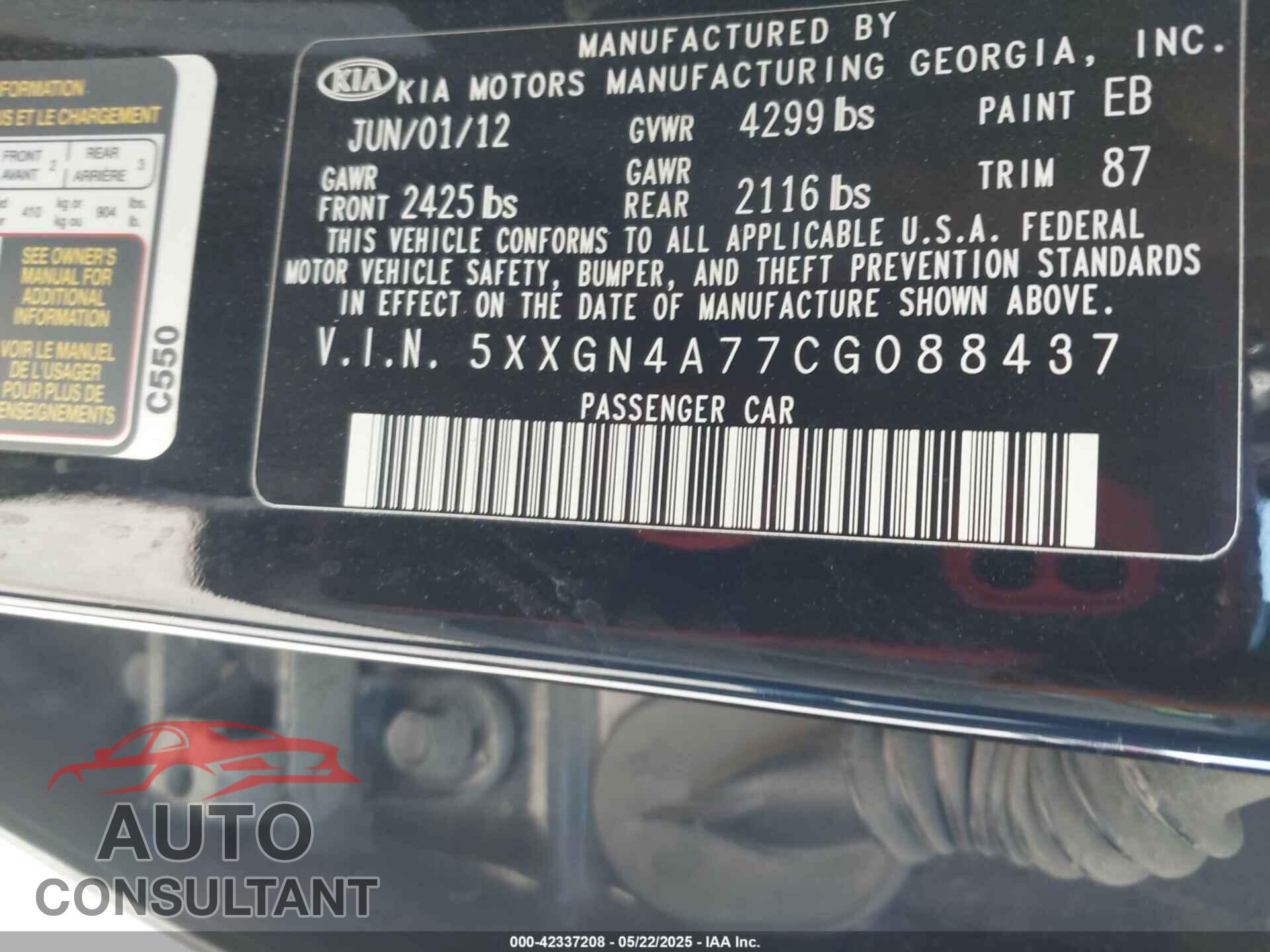 KIA OPTIMA 2012 - 5XXGN4A77CG088437