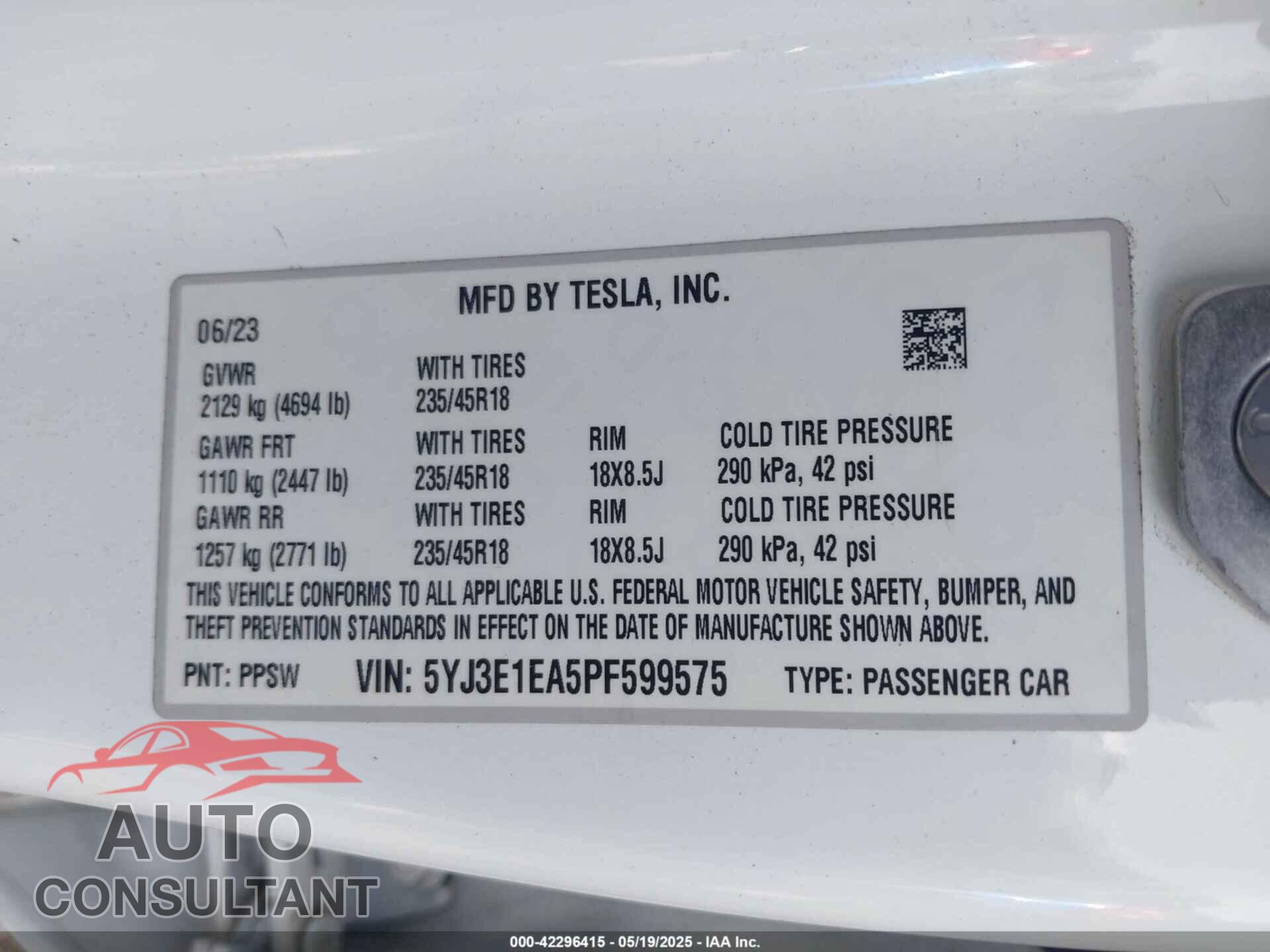 TESLA MODEL 3 2023 - 5YJ3E1EA5PF599575