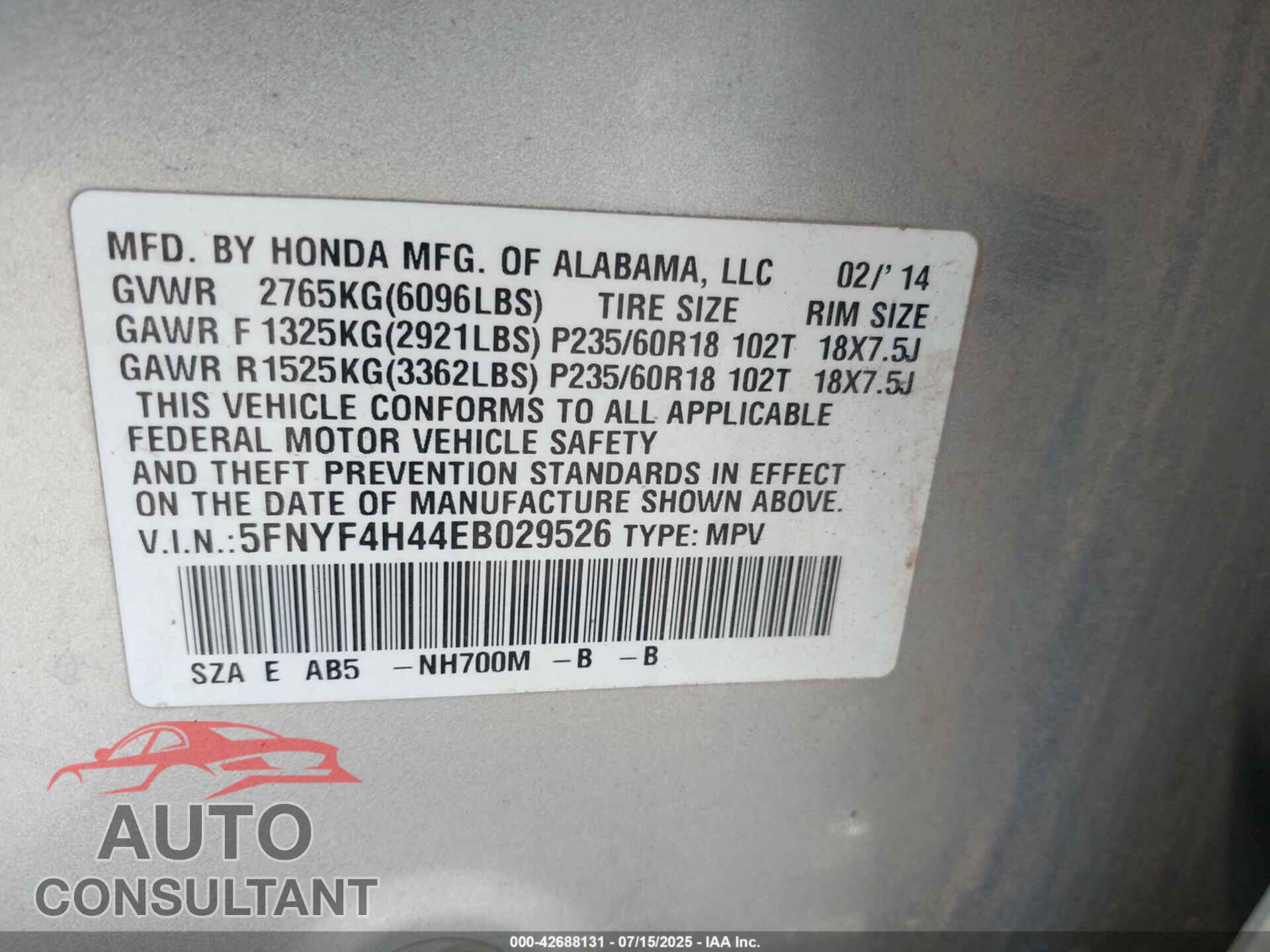 HONDA PILOT 2014 - 5FNYF4H44EB029526