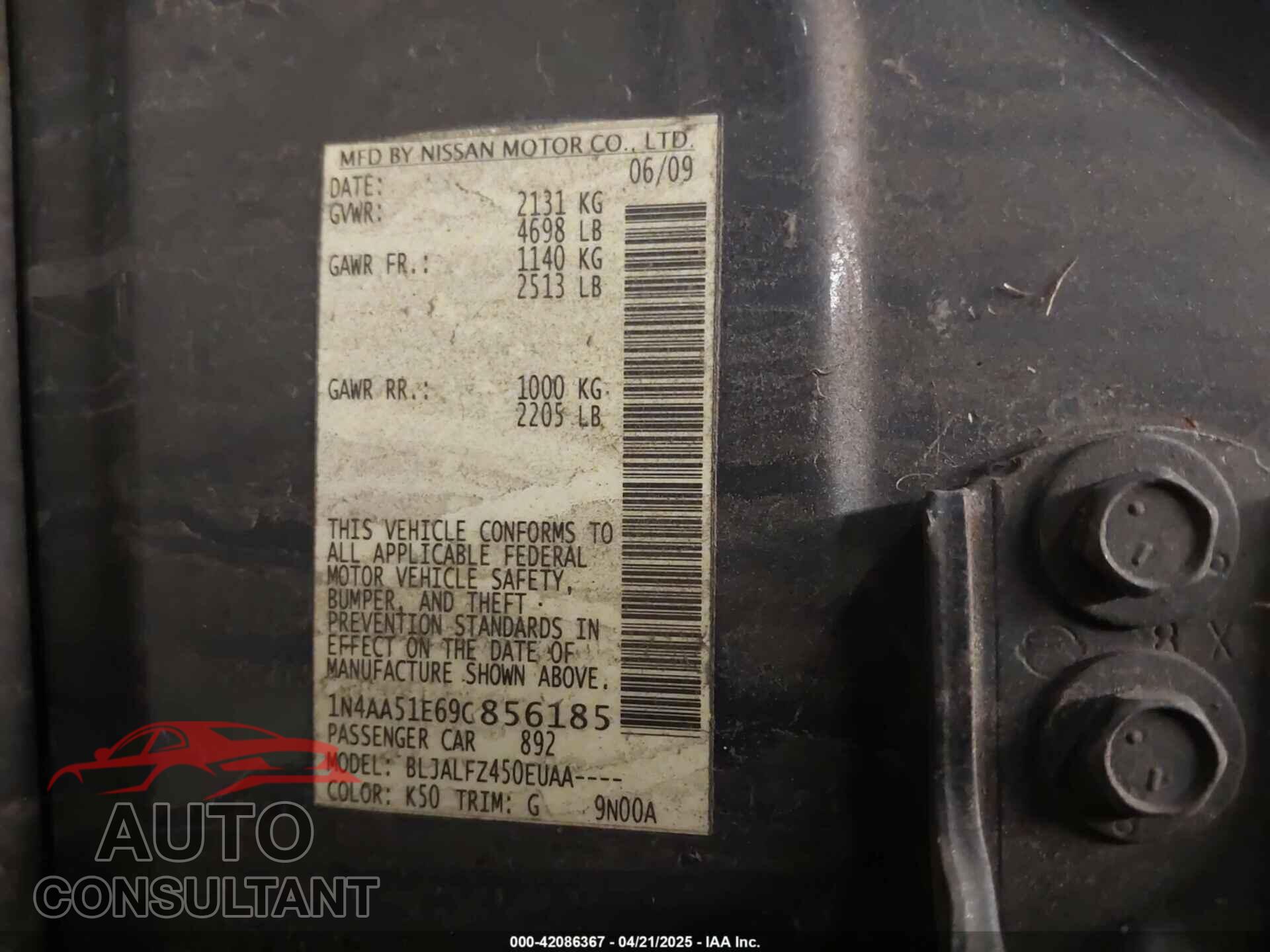NISSAN MAXIMA 2009 - 1N4AA51E69C856185