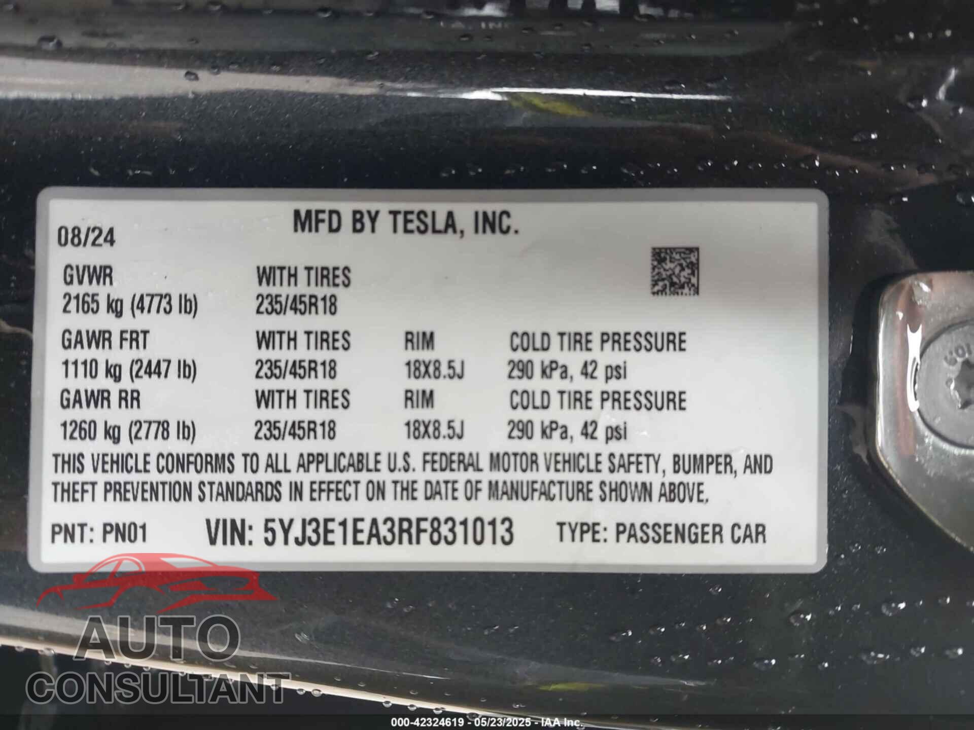 TESLA MODEL 3 2024 - 5YJ3E1EA3RF831013