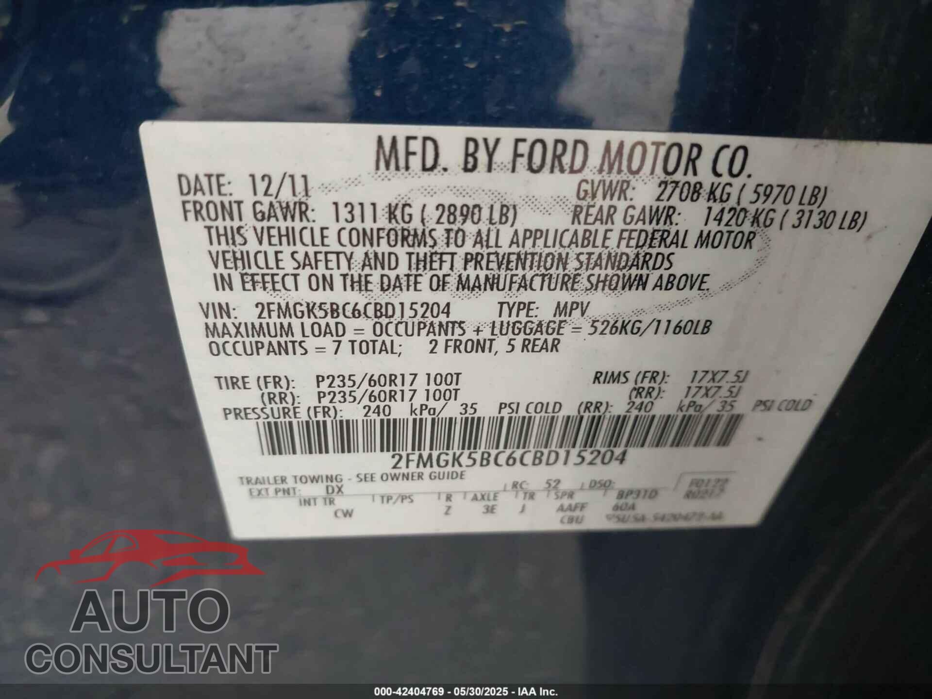 FORD FLEX 2012 - 2FMGK5BC6CBD15204