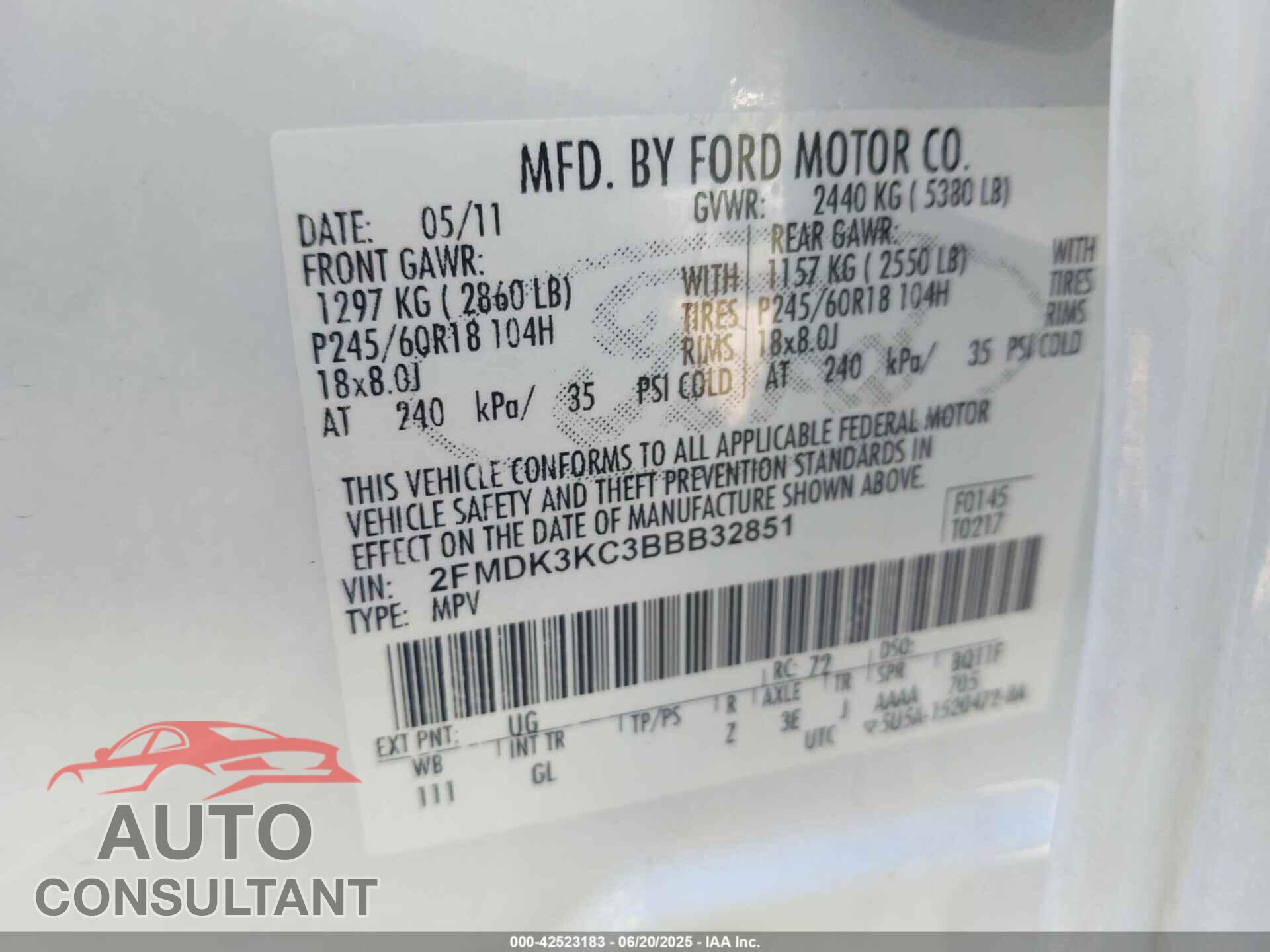 FORD EDGE 2011 - 2FMDK3KC3BBB32851