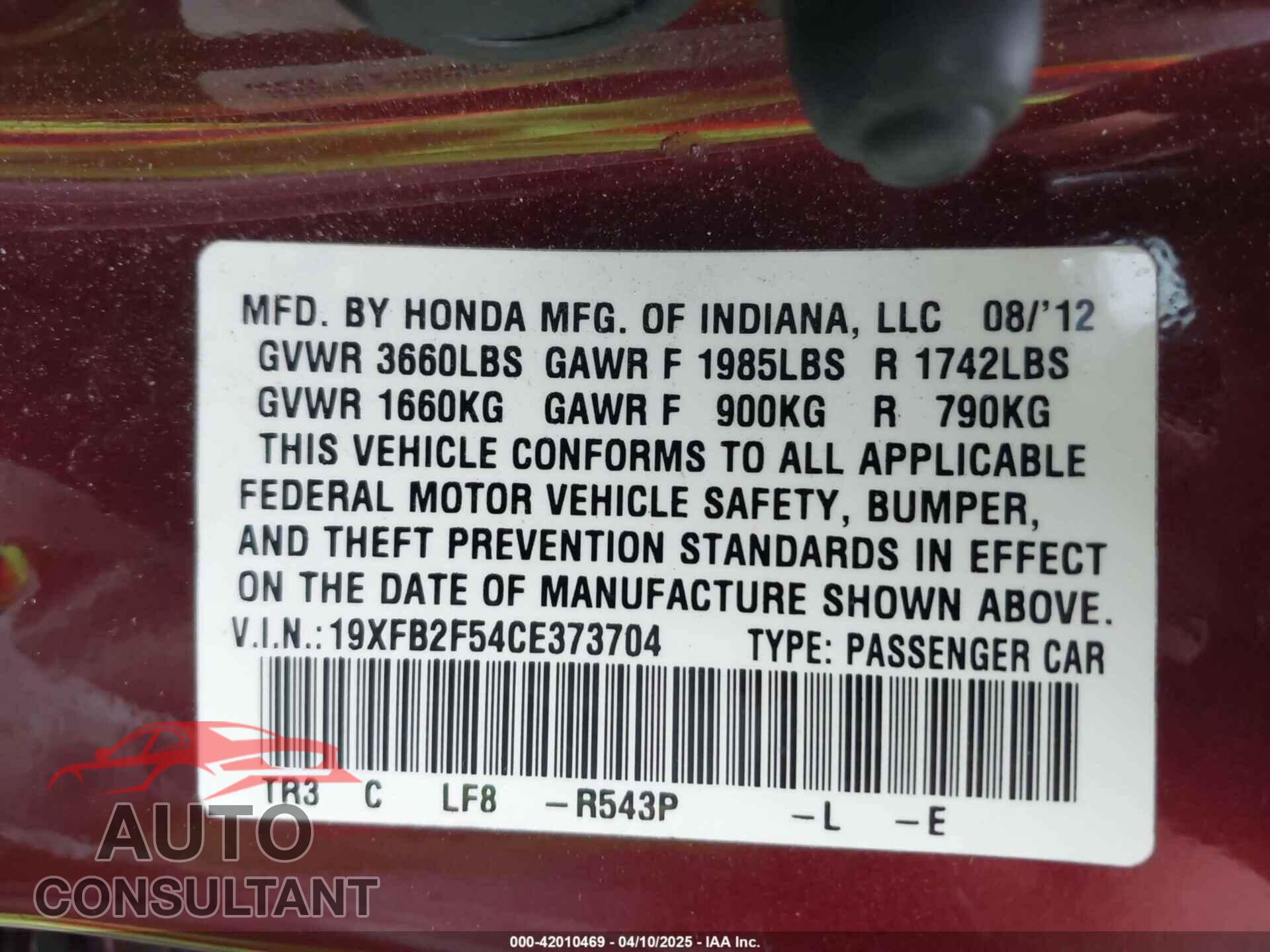 HONDA CIVIC 2012 - 19XFB2F54CE373704