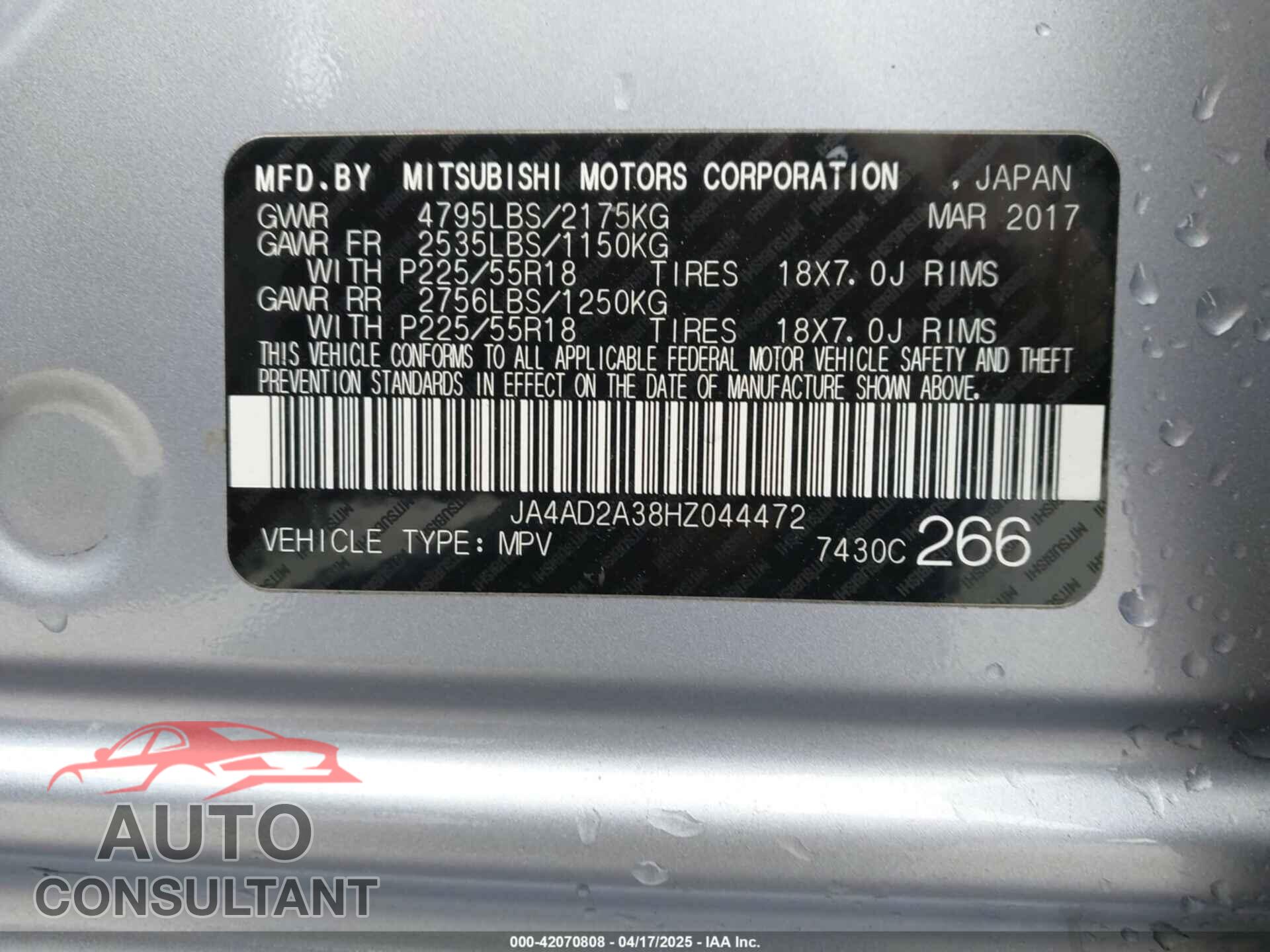 MITSUBISHI OUTLANDER 2017 - JA4AD2A38HZ044472