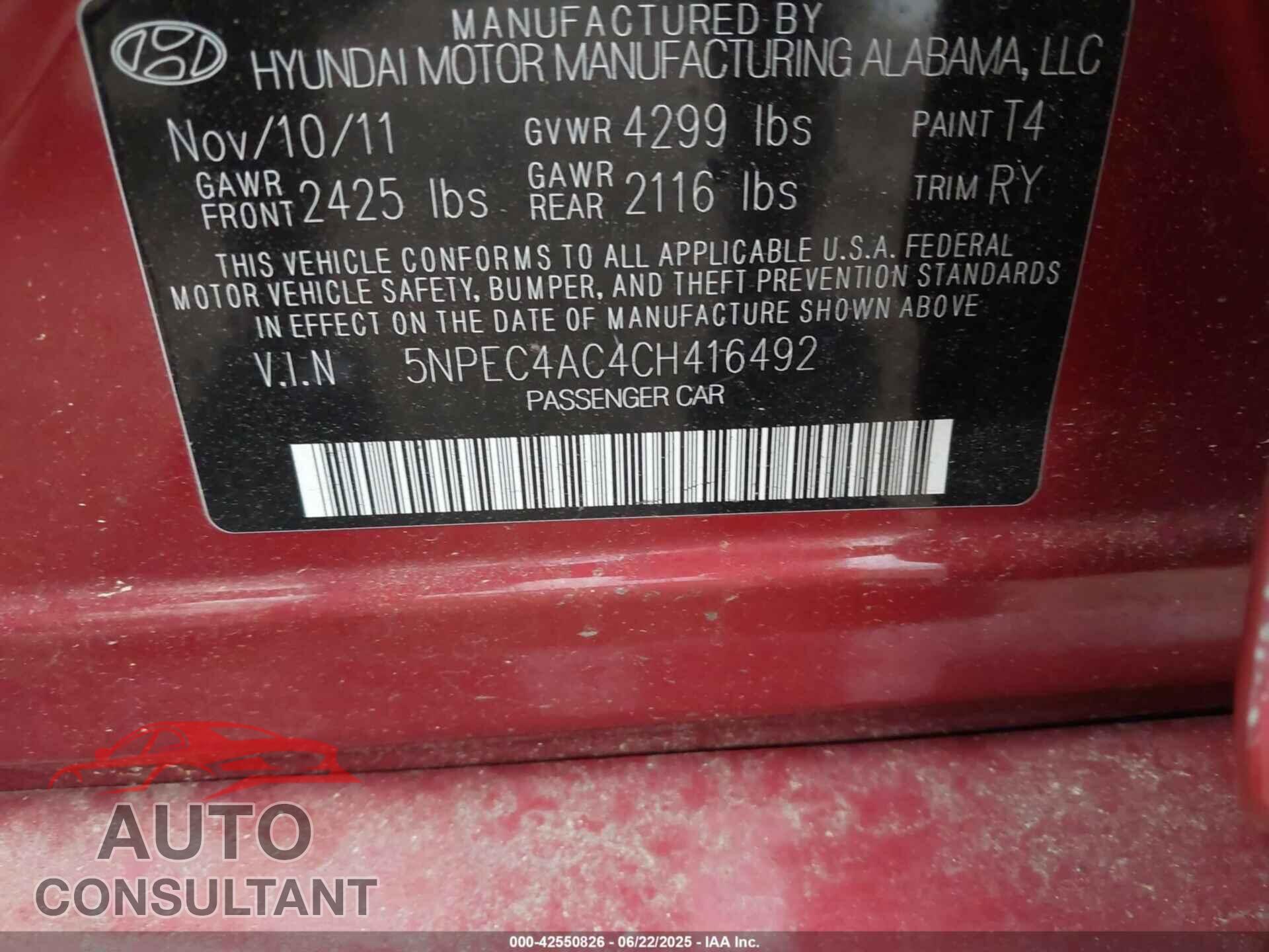 HYUNDAI SONATA 2012 - 5NPEC4AC4CH416492
