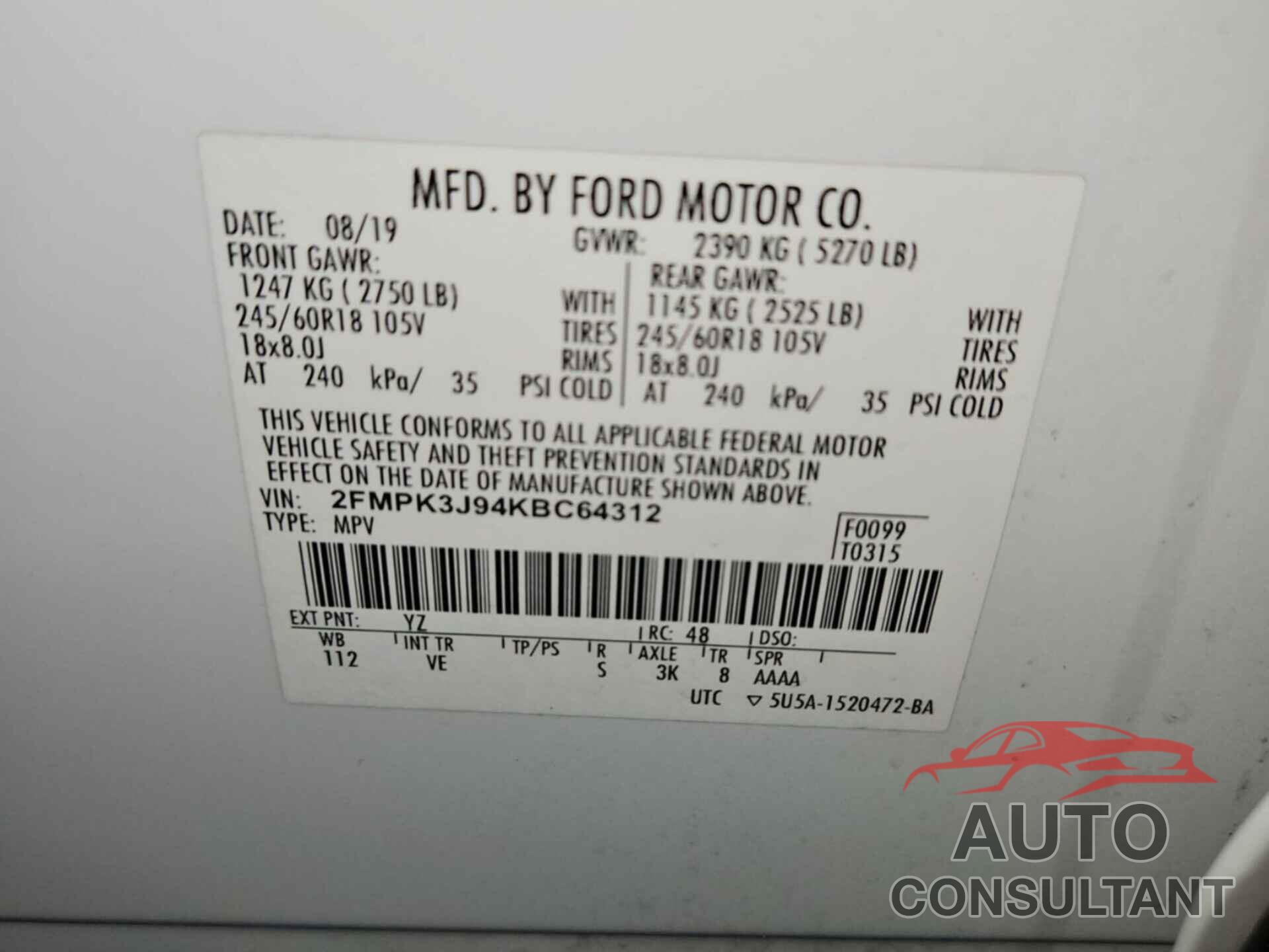 FORD EDGE 2019 - 2FMPK3J94KBC64312