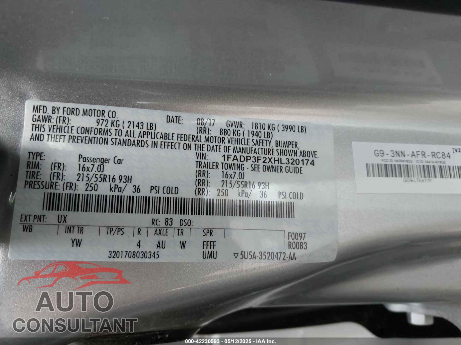 FORD FOCUS 2017 - 1FADP3F2XHL320174