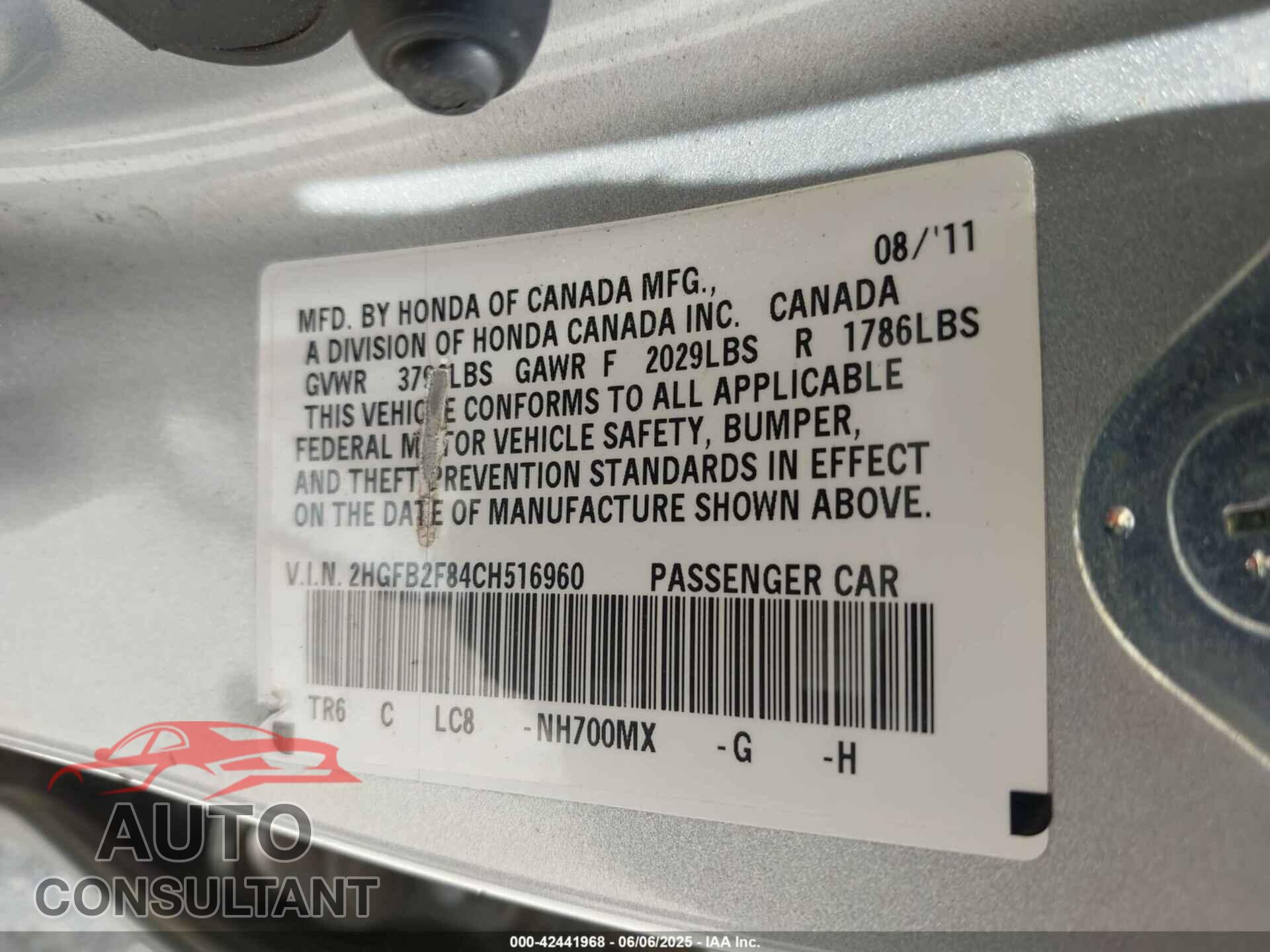 HONDA CIVIC 2012 - 2HGFB2F84CH516960