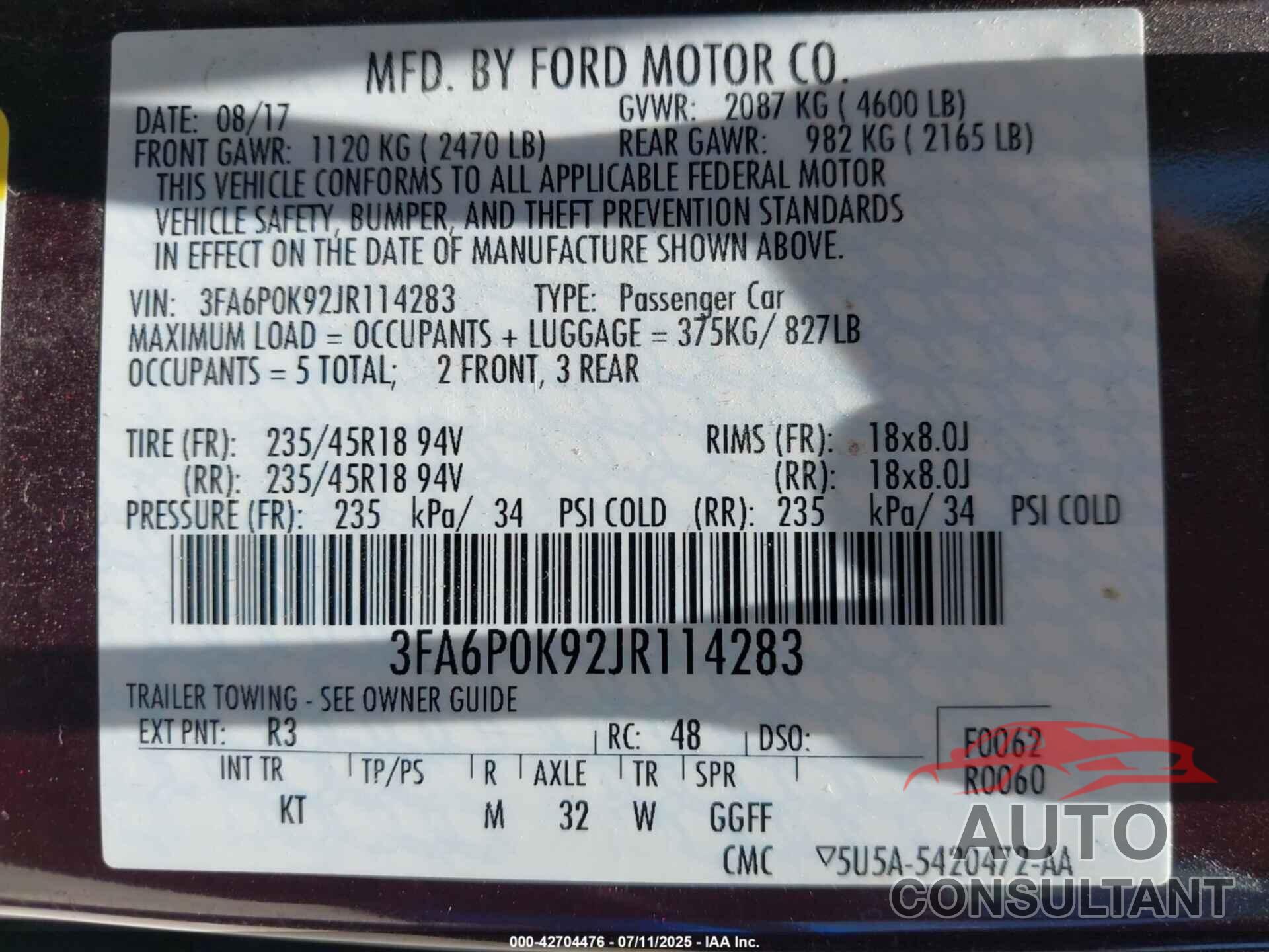 FORD FUSION 2018 - 3FA6P0K92JR114283
