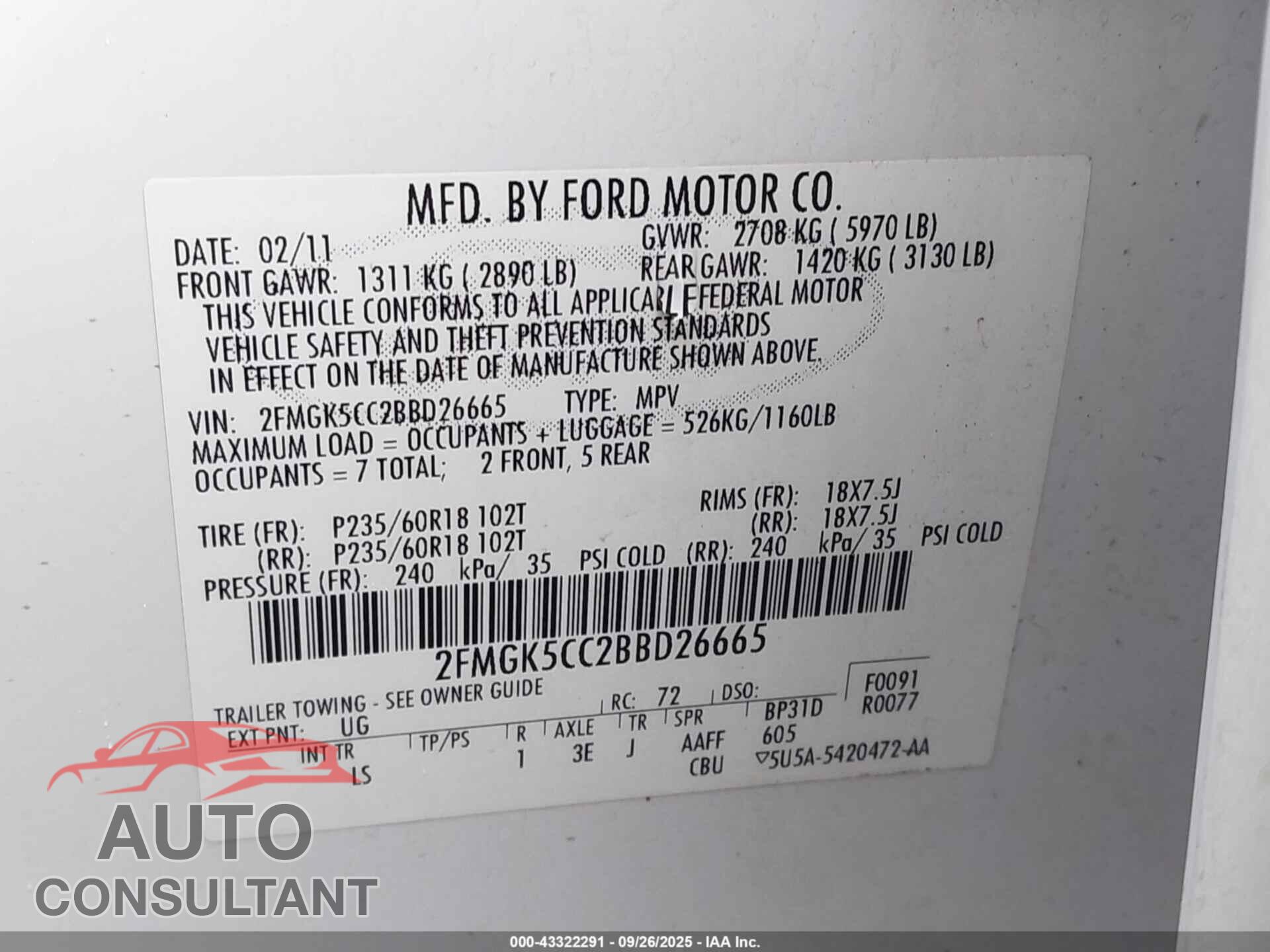 FORD FLEX 2011 - 2FMGK5CC2BBD26665