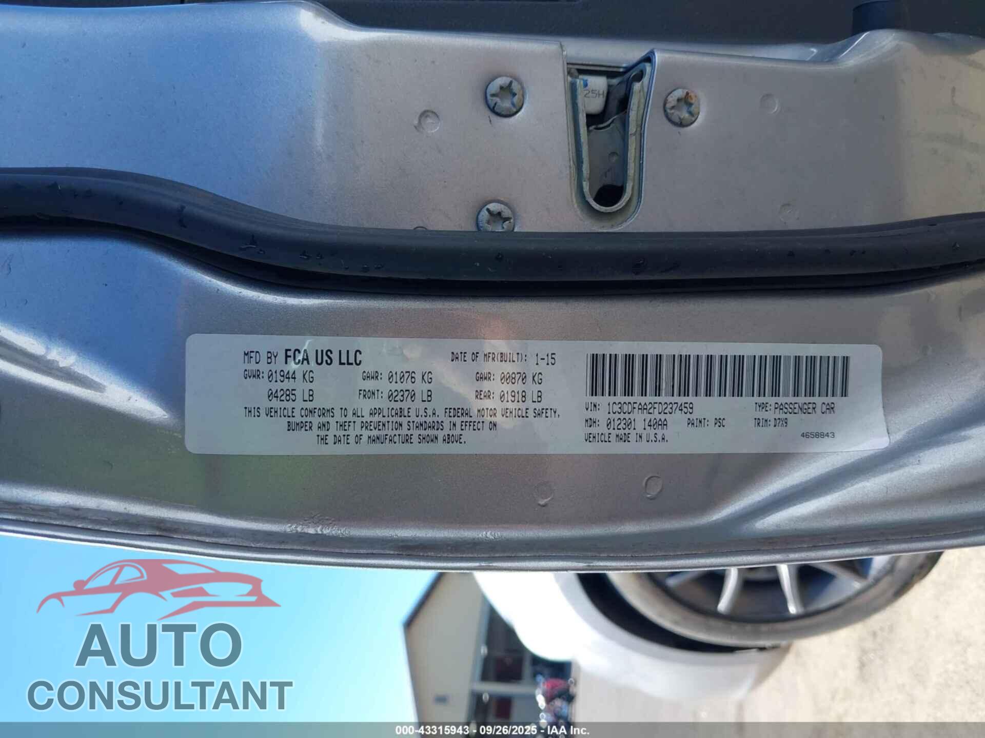 DODGE DART 2015 - 1C3CDFAA2FD237459