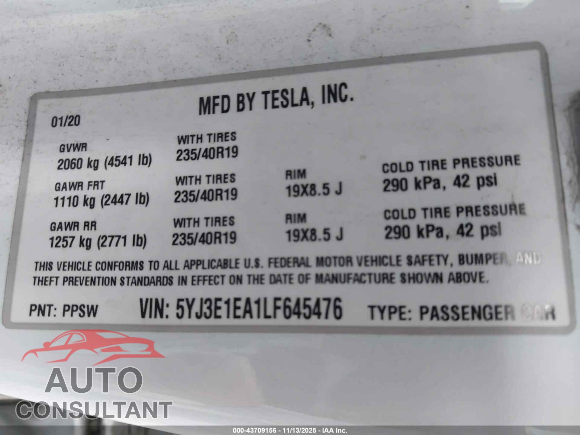 TESLA MODEL 3 2020 - 5YJ3E1EA1LF645476