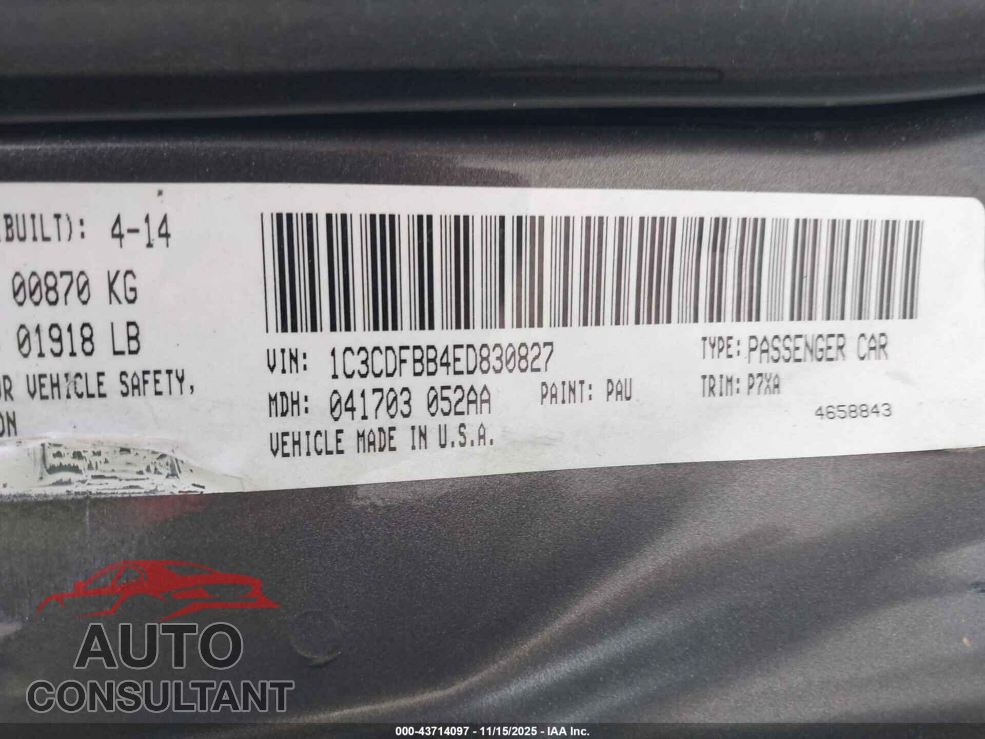 DODGE DART 2014 - 1C3CDFBB4ED830827