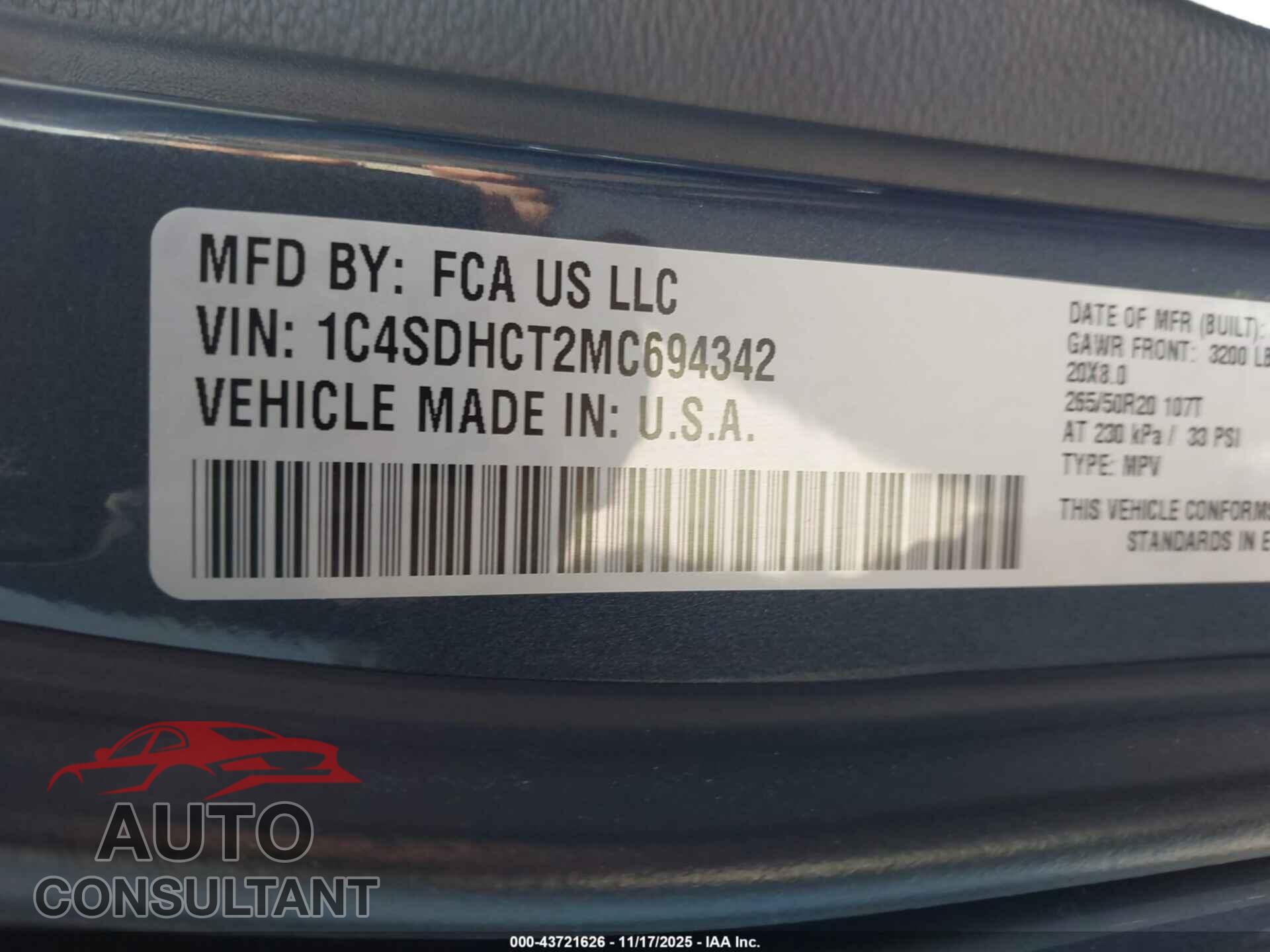 DODGE DURANGO 2021 - 1C4SDHCT2MC694342
