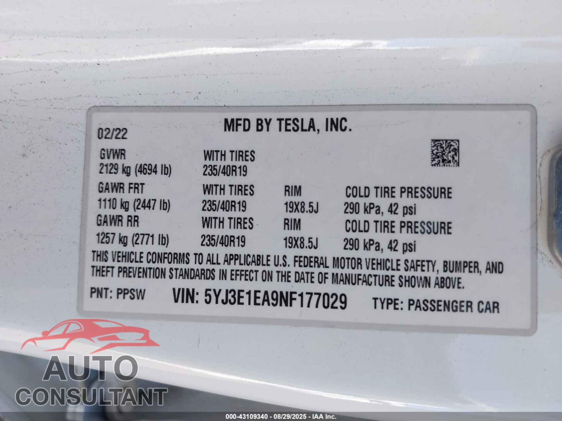 TESLA MODEL 3 2022 - 5YJ3E1EA9NF177029