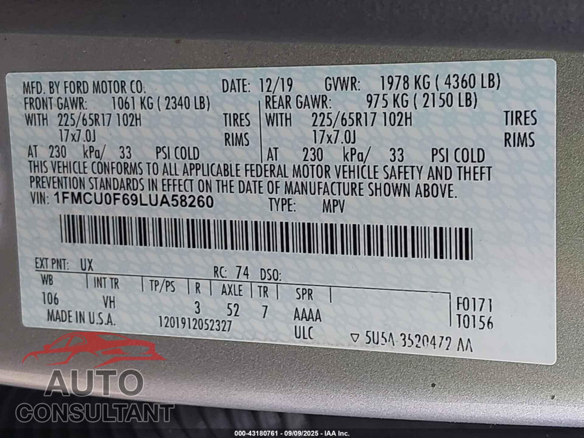 FORD ESCAPE 2020 - 1FMCU0F69LUA58260