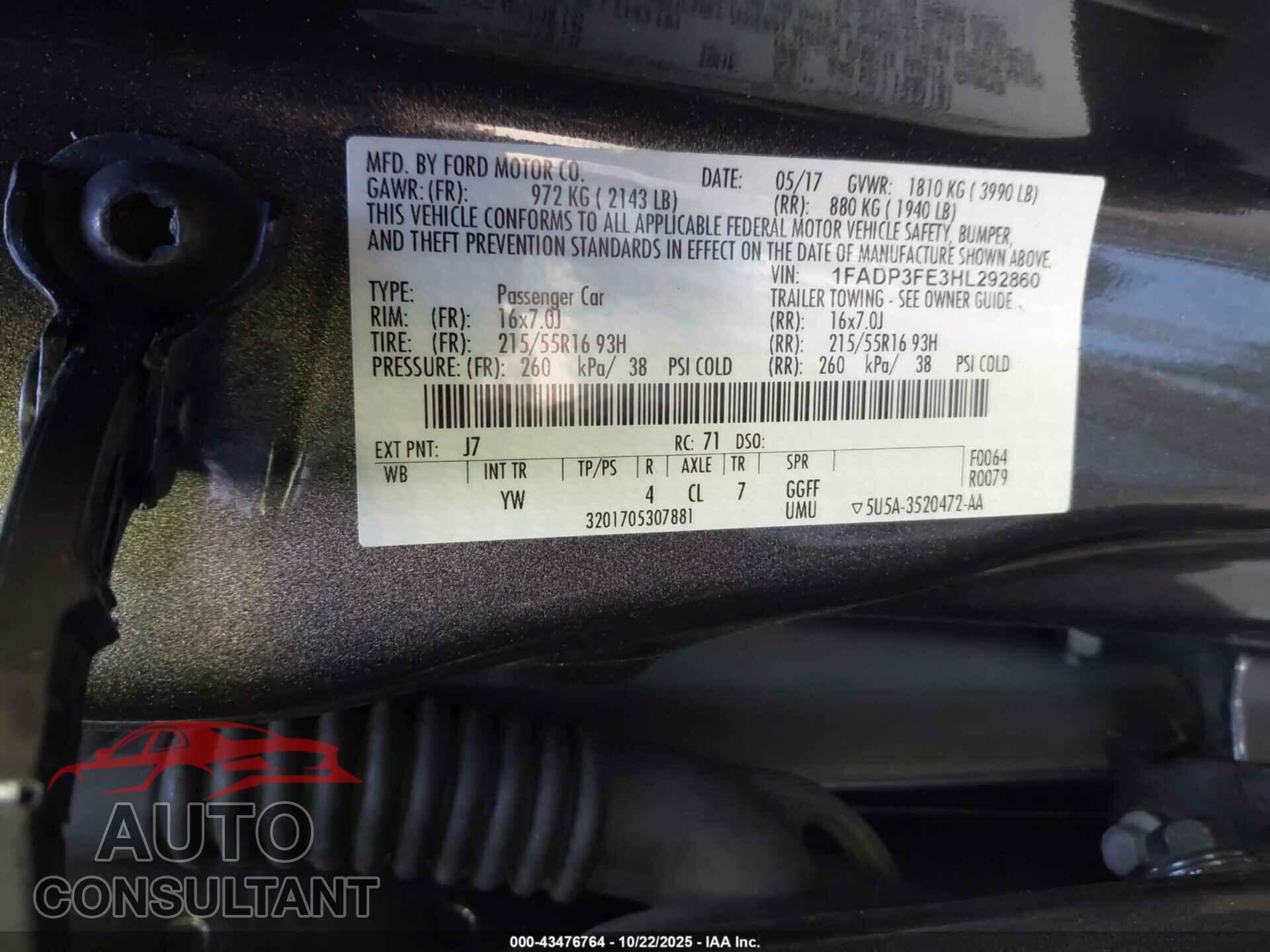 FORD FOCUS 2017 - 1FADP3FE3HL292860
