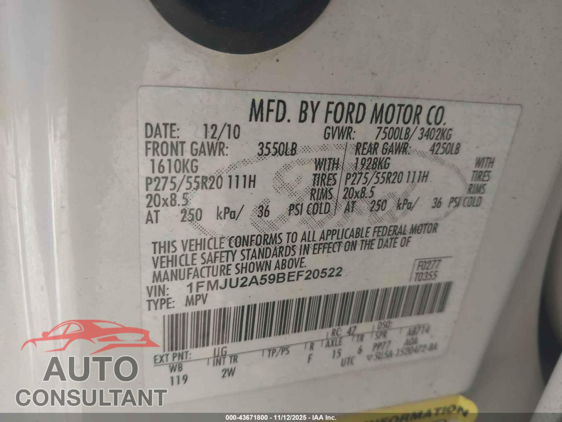 FORD EXPEDITION 2011 - 1FMJU2A59BEF20522