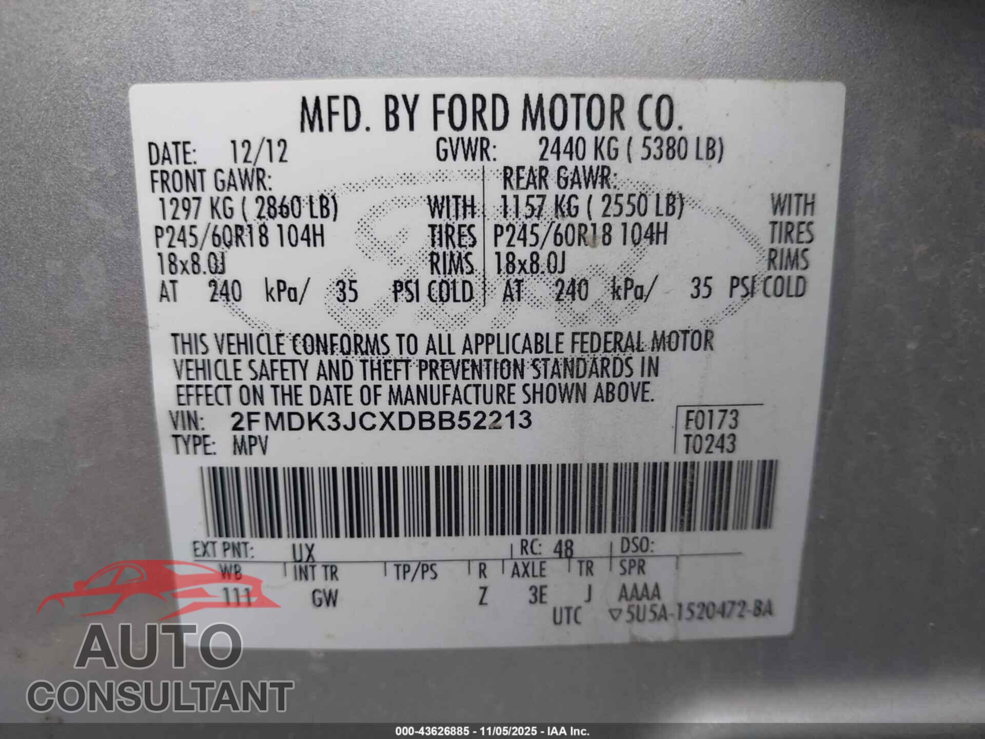 FORD EDGE 2013 - 2FMDK3JCXDBB52213