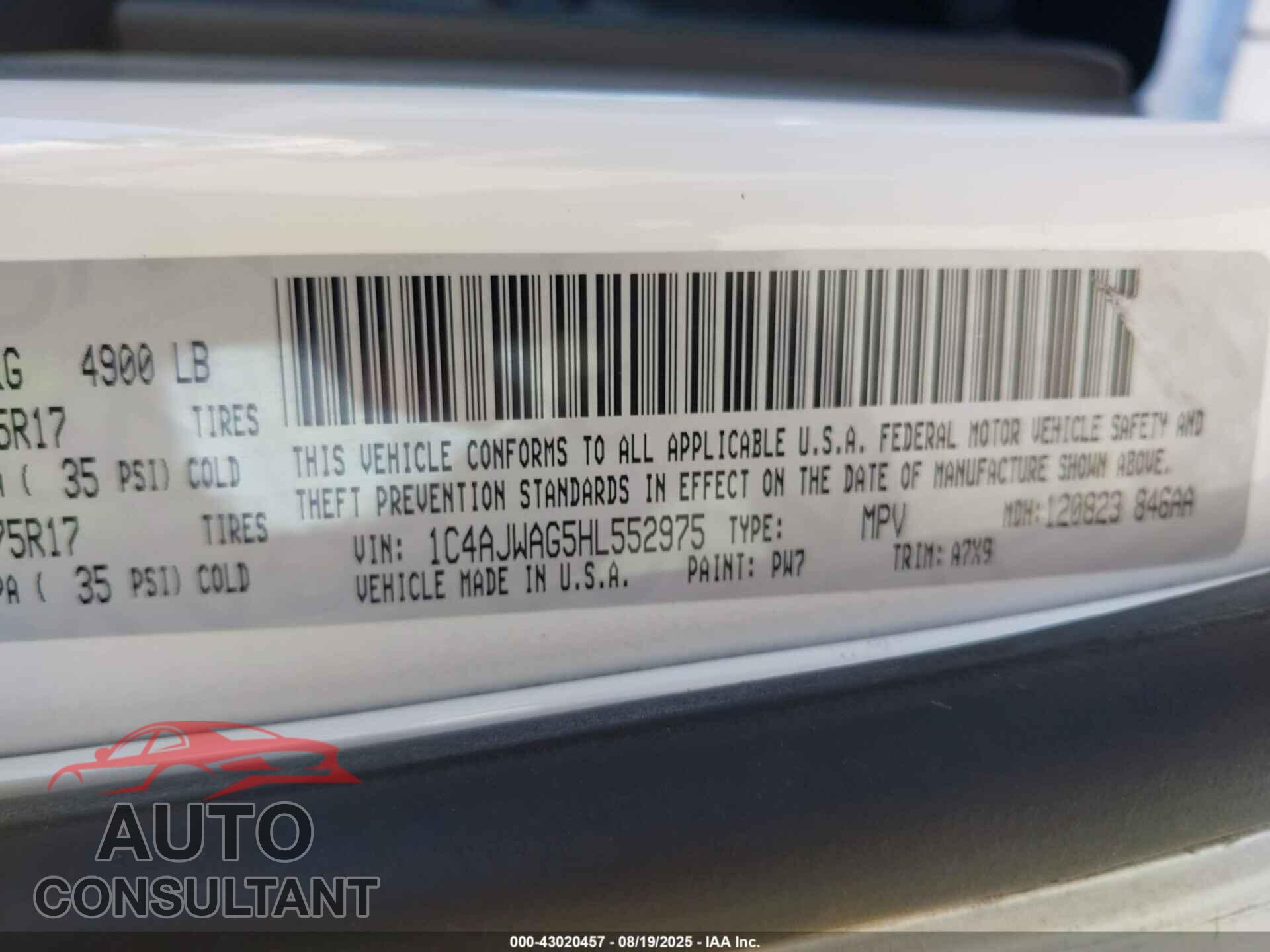 JEEP WRANGLER 2017 - 1C4AJWAG5HL552975