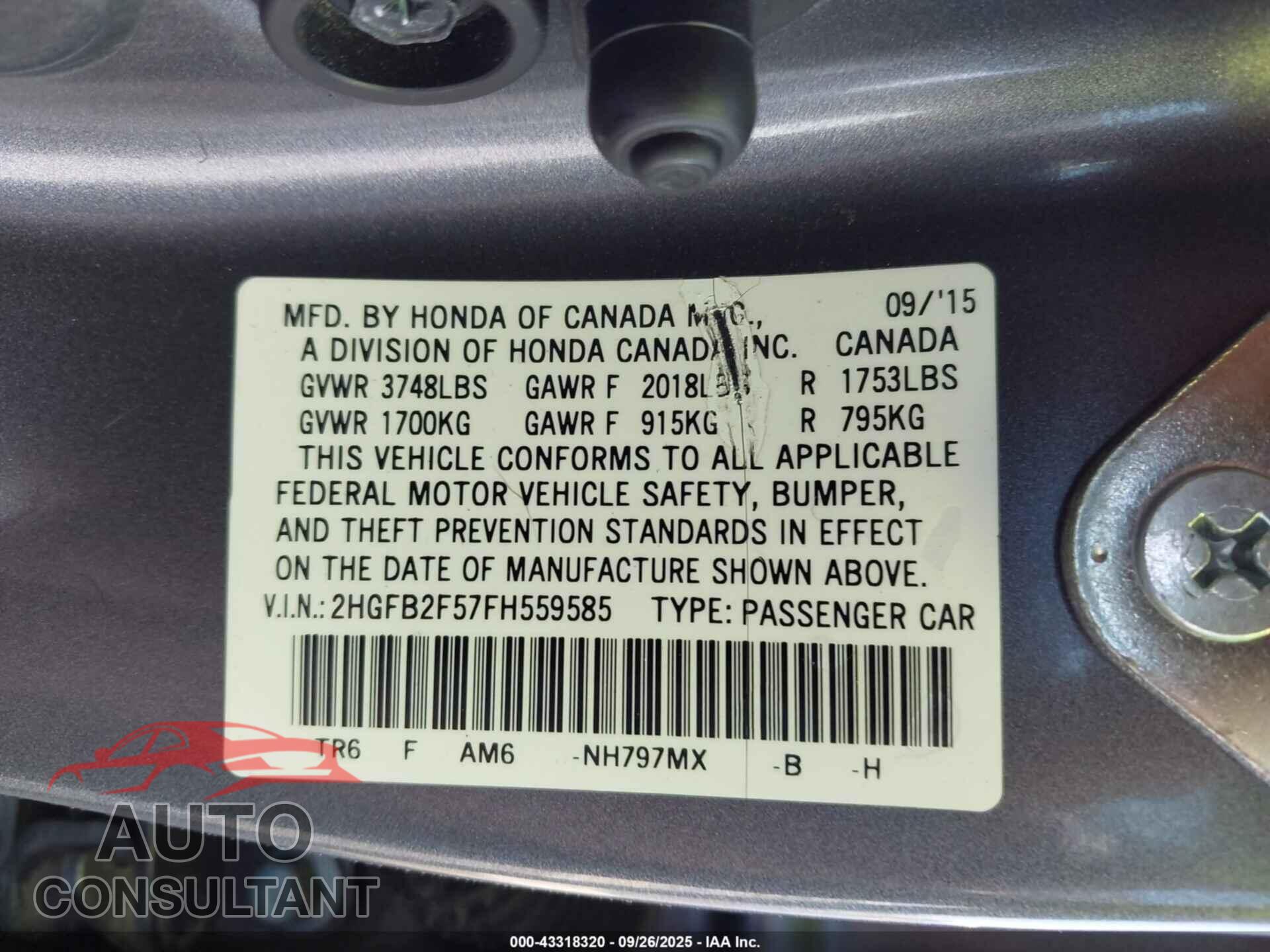HONDA CIVIC 2015 - 2HGFB2F57FH559585