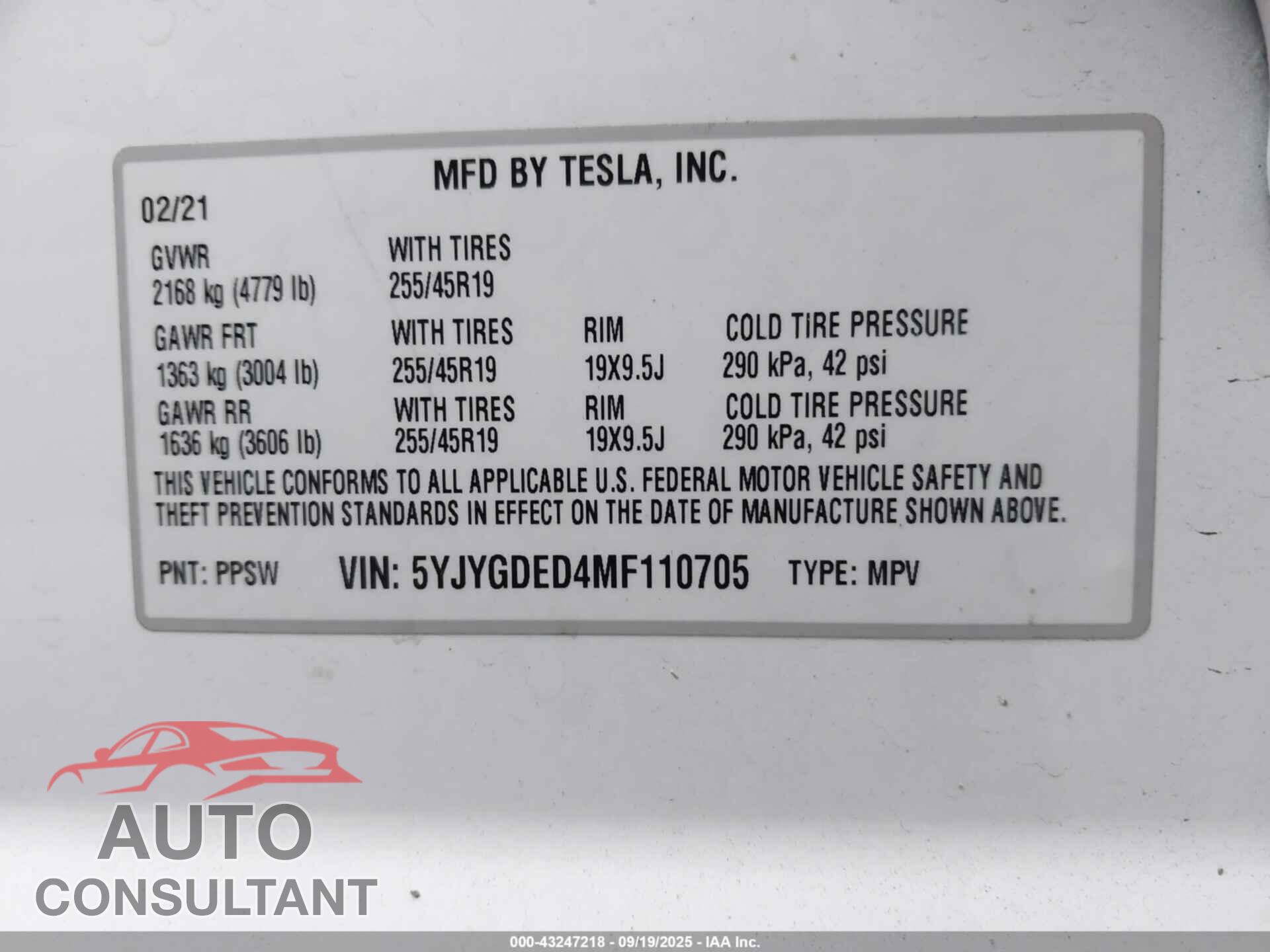 TESLA MODEL Y 2021 - 5YJYGDED4MF110705