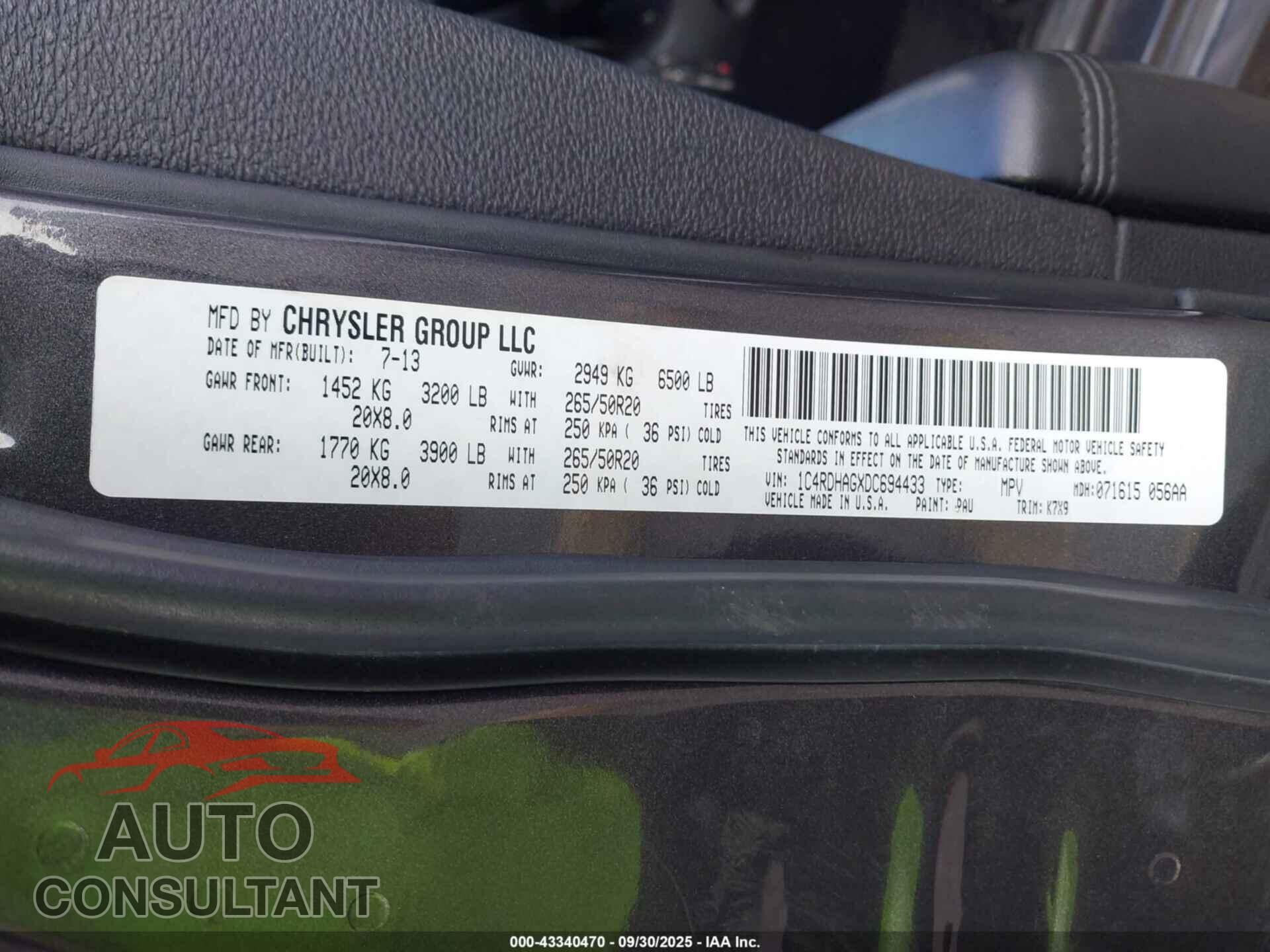 DODGE DURANGO 2013 - 1C4RDHAGXDC694433