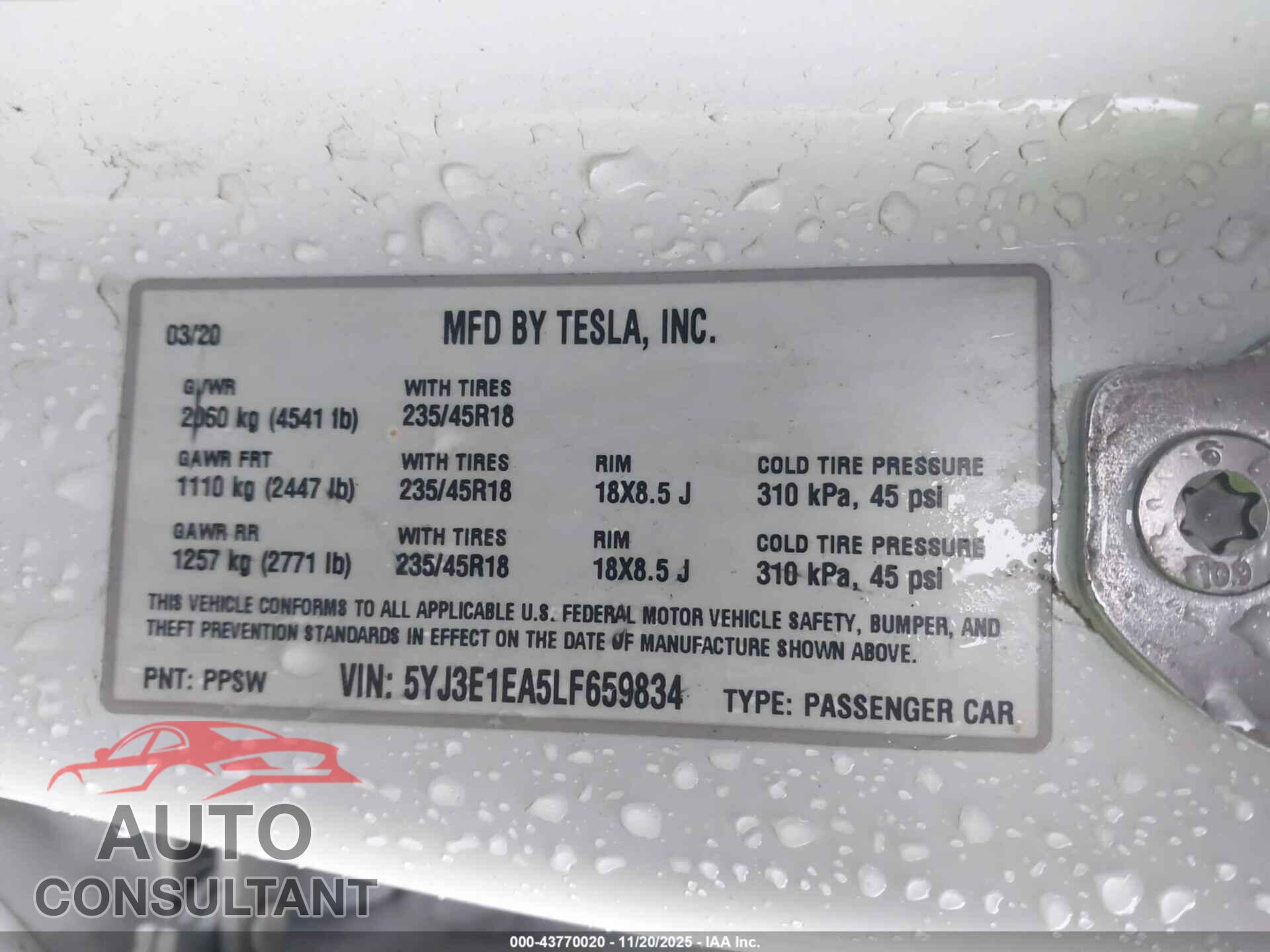 TESLA MODEL 3 2020 - 5YJ3E1EA5LF659834