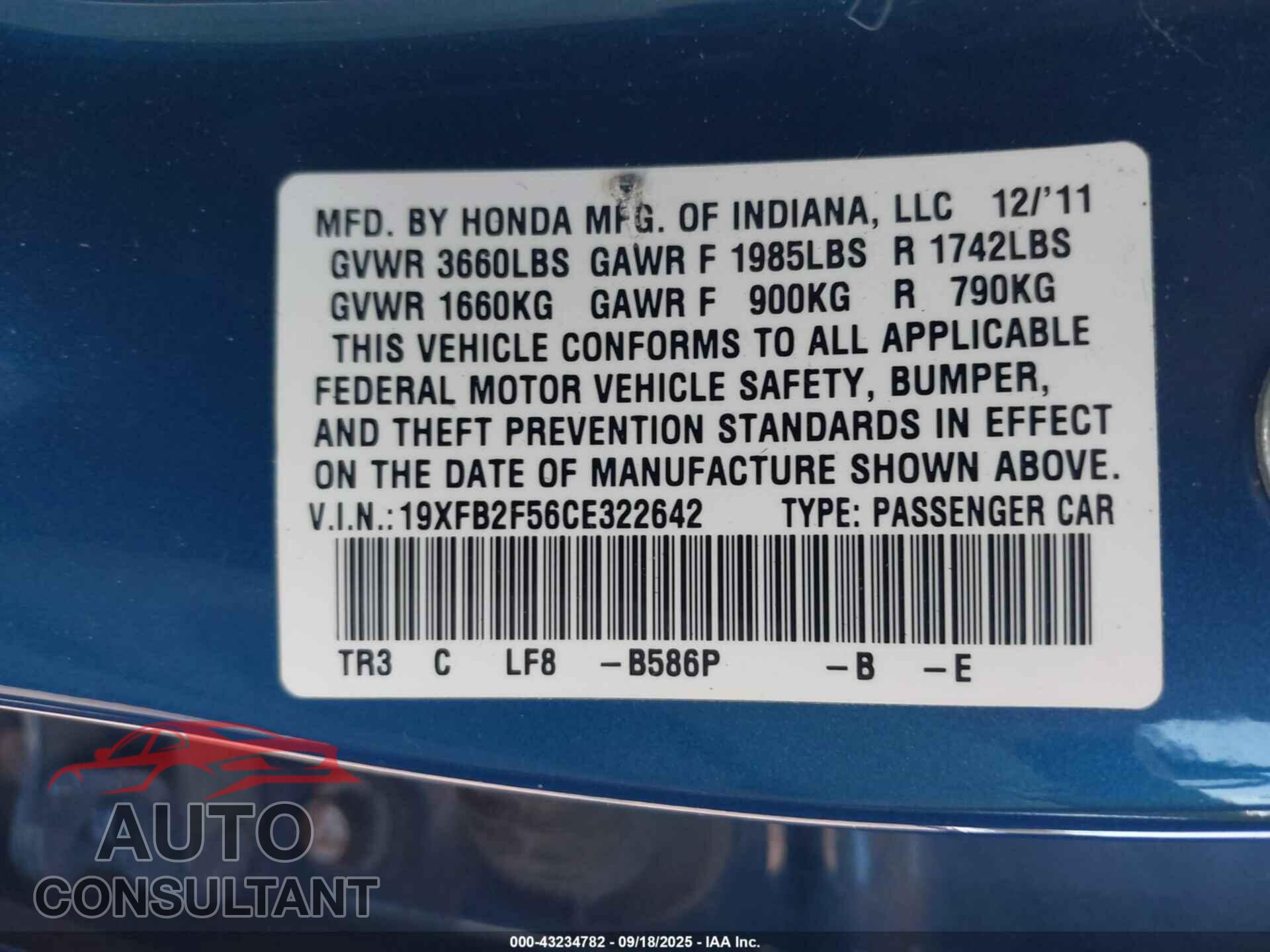 HONDA CIVIC 2012 - 19XFB2F56CE322642