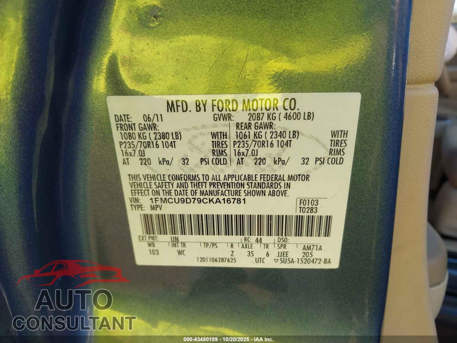 FORD ESCAPE 2012 - 1FMCU9D79CKA16781