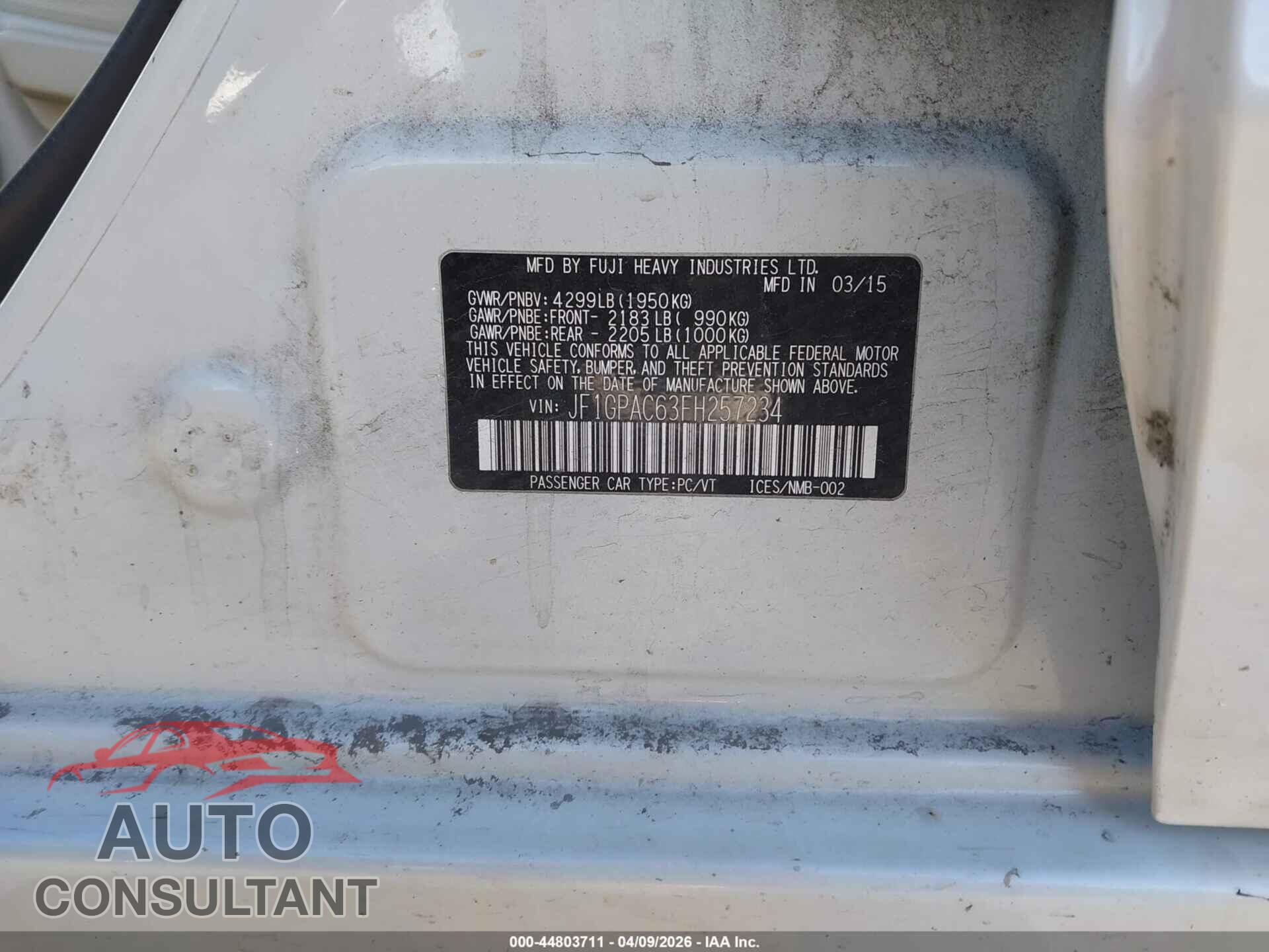 SUBARU IMPREZA 2015 - JF1GPAC63FH257234