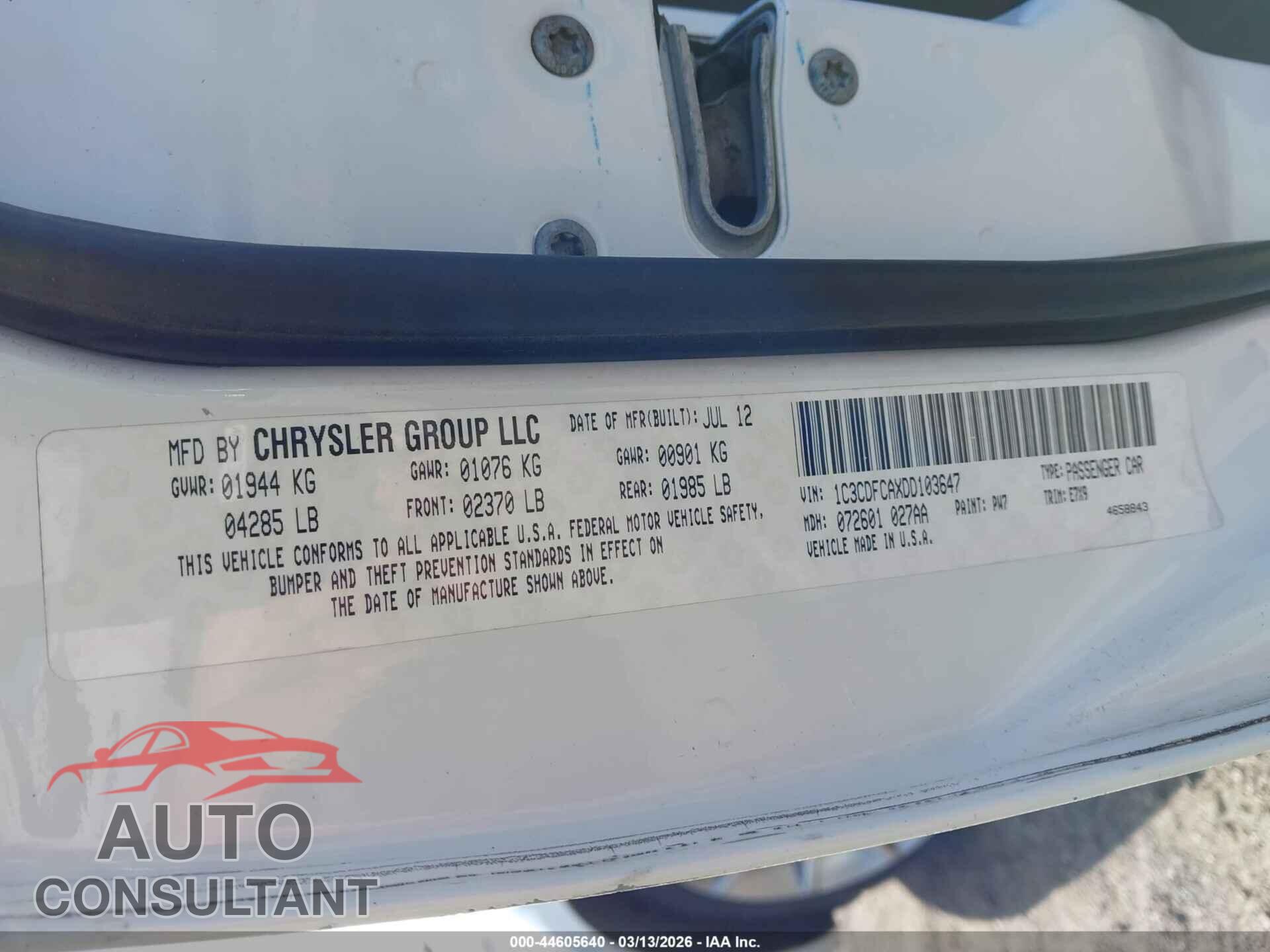 DODGE DART 2013 - 1C3CDFCAXDD103647