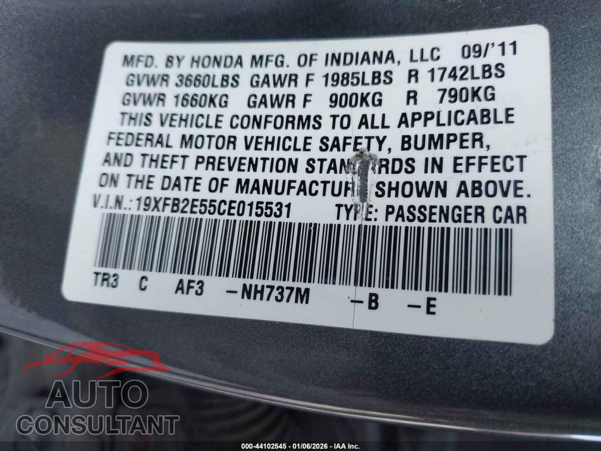 HONDA CIVIC 2012 - 19XFB2E55CE015531