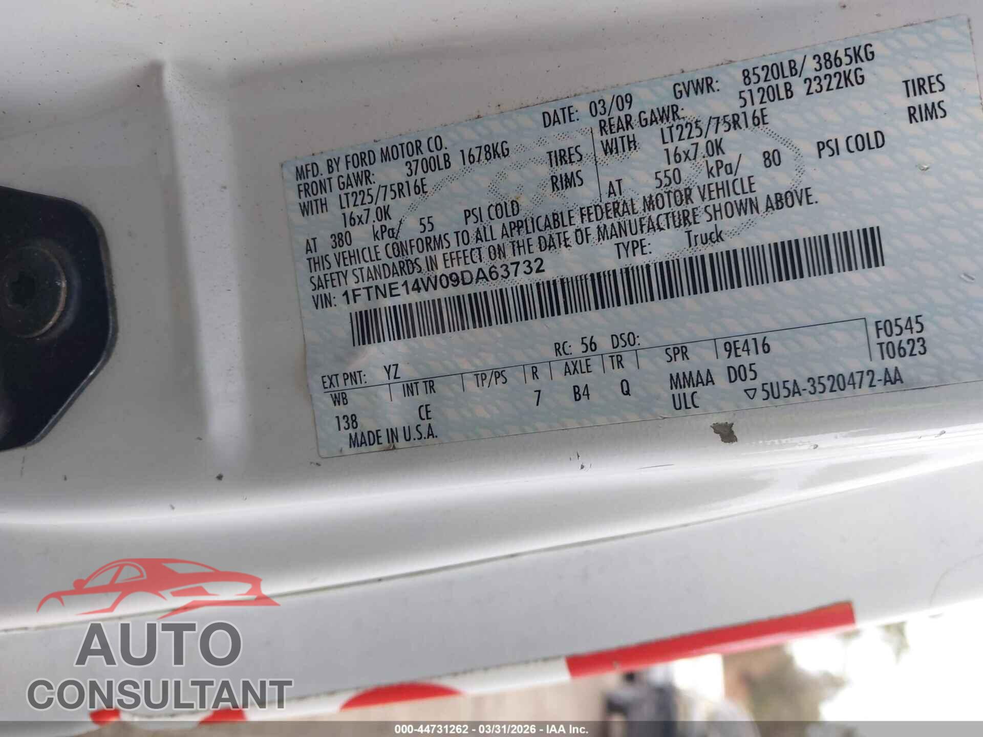 FORD E-150 2009 - 1FTNE14W09DA63732
