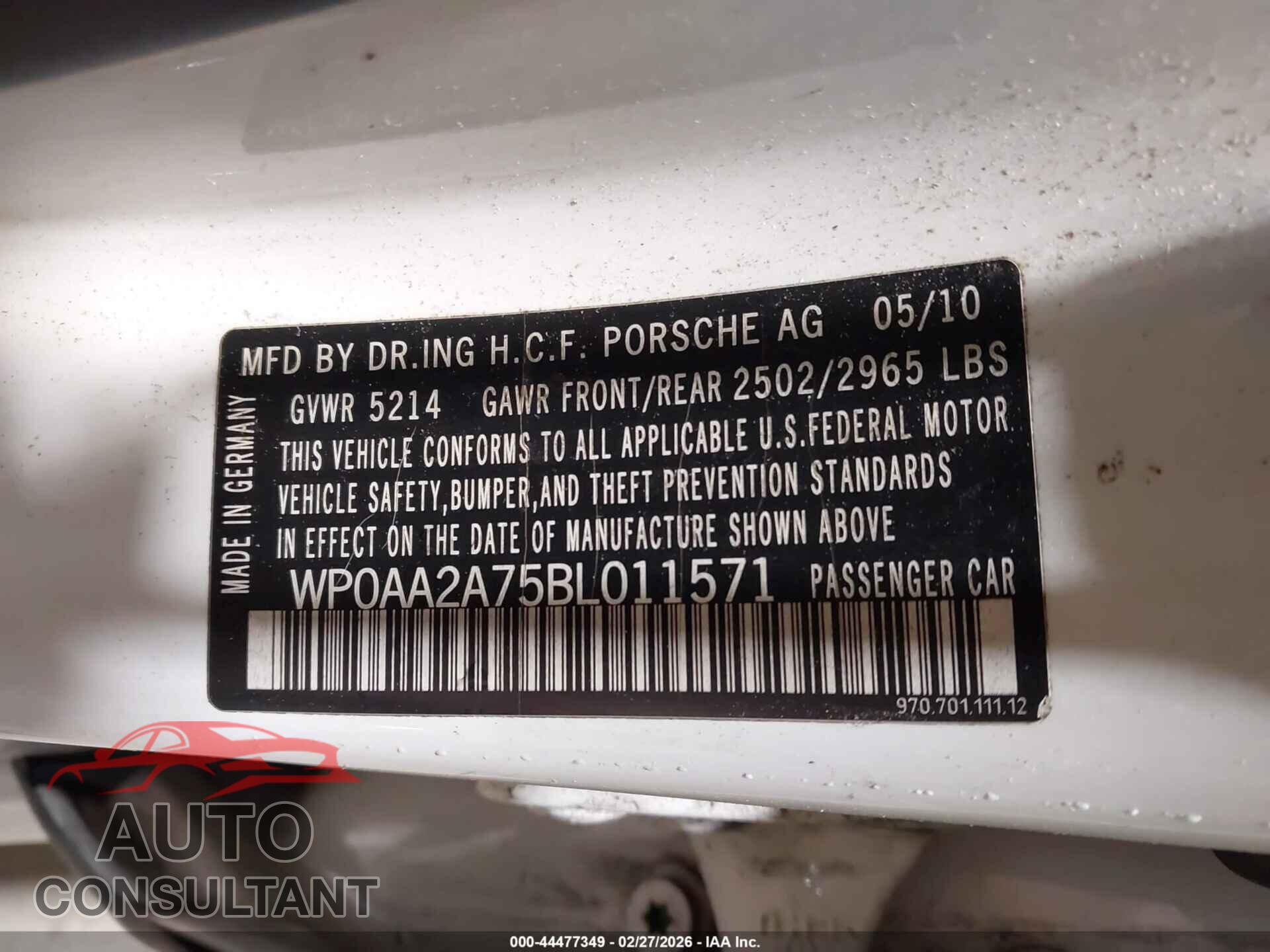 PORSCHE PANAMERA 2011 - WP0AA2A75BL011571