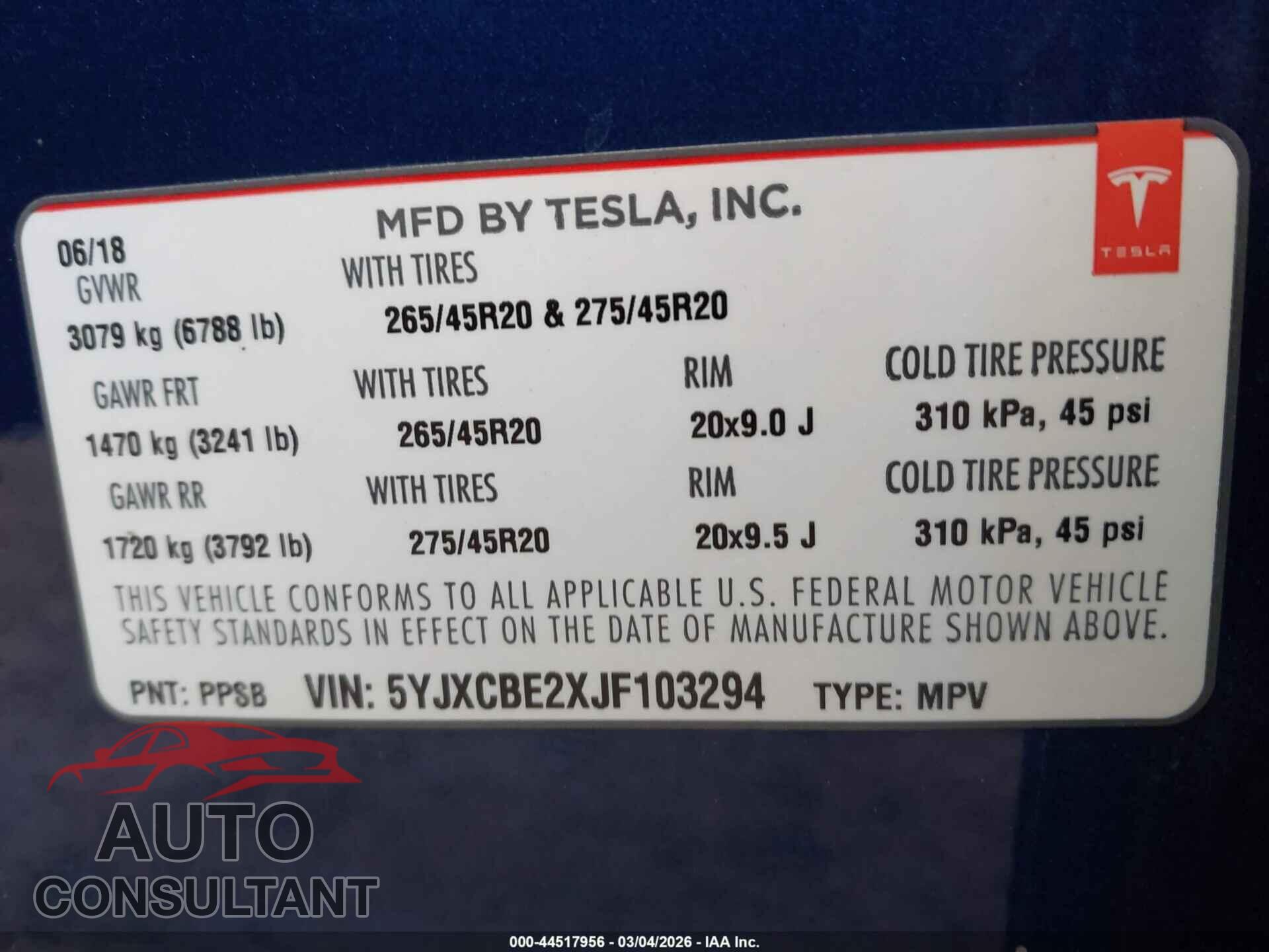 TESLA MODEL X 2018 - 5YJXCBE2XJF103294