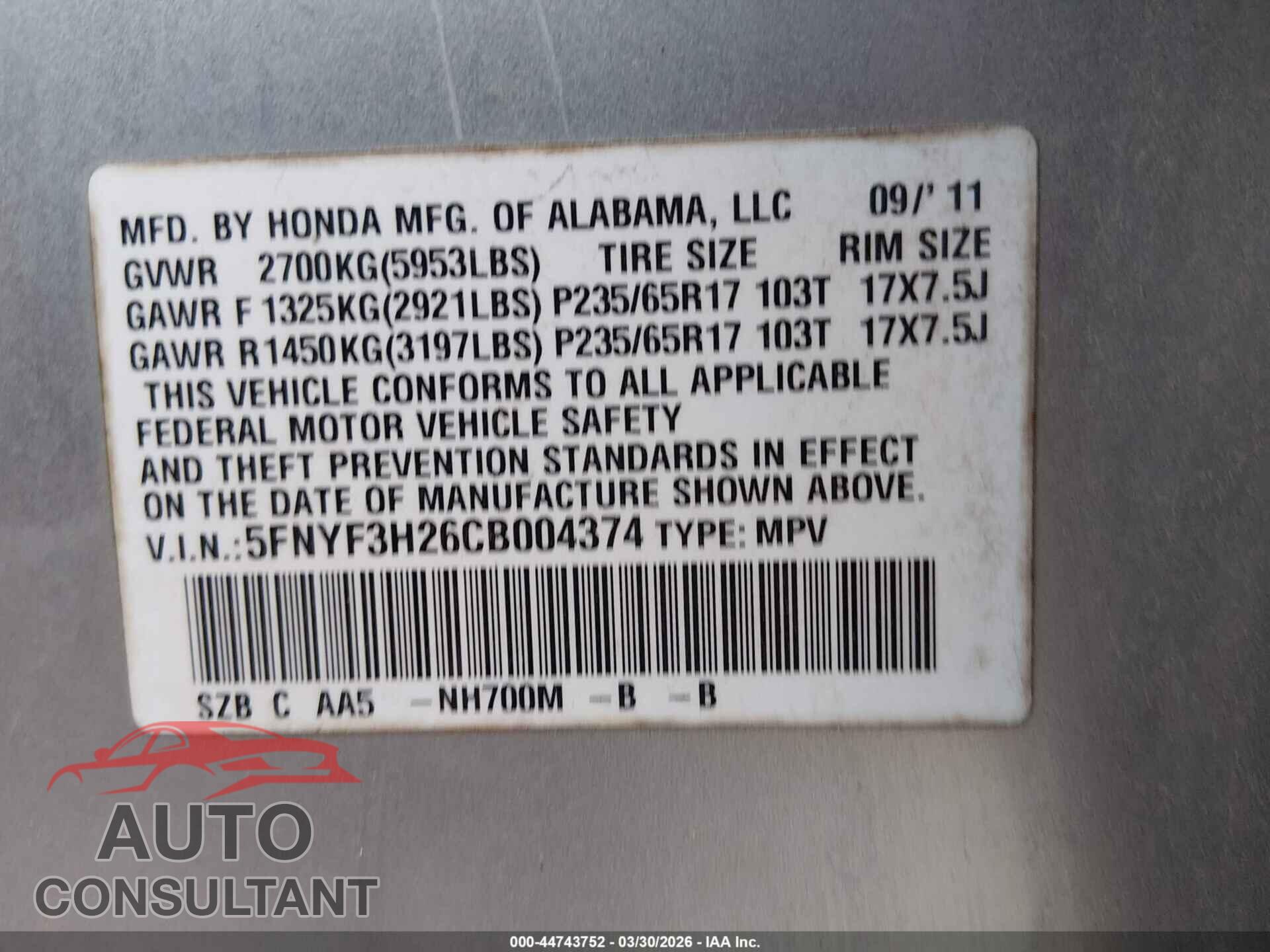 HONDA PILOT 2012 - 5FNYF3H26CB004374
