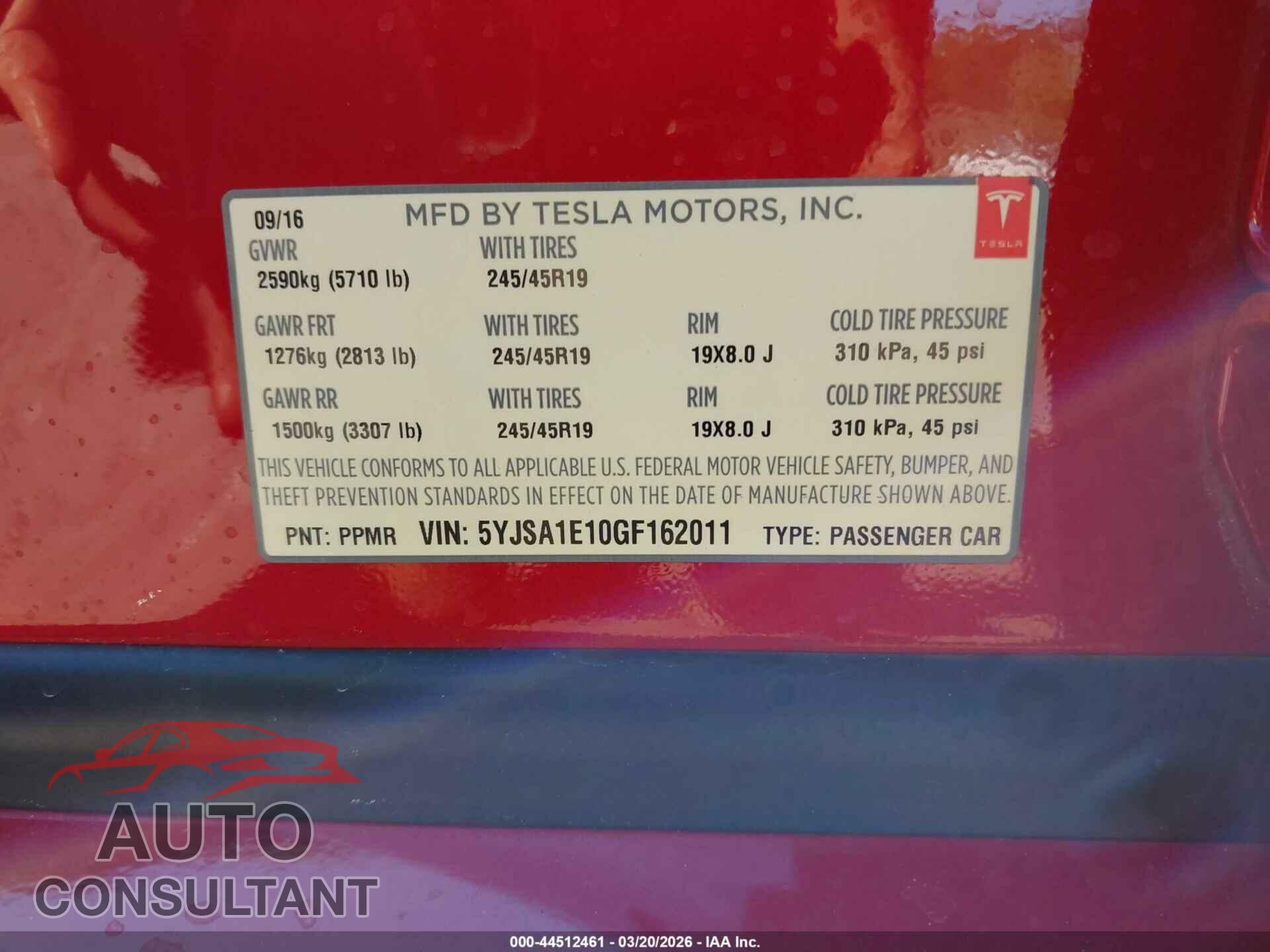 TESLA MODEL S 2016 - 5YJSA1E10GF162011