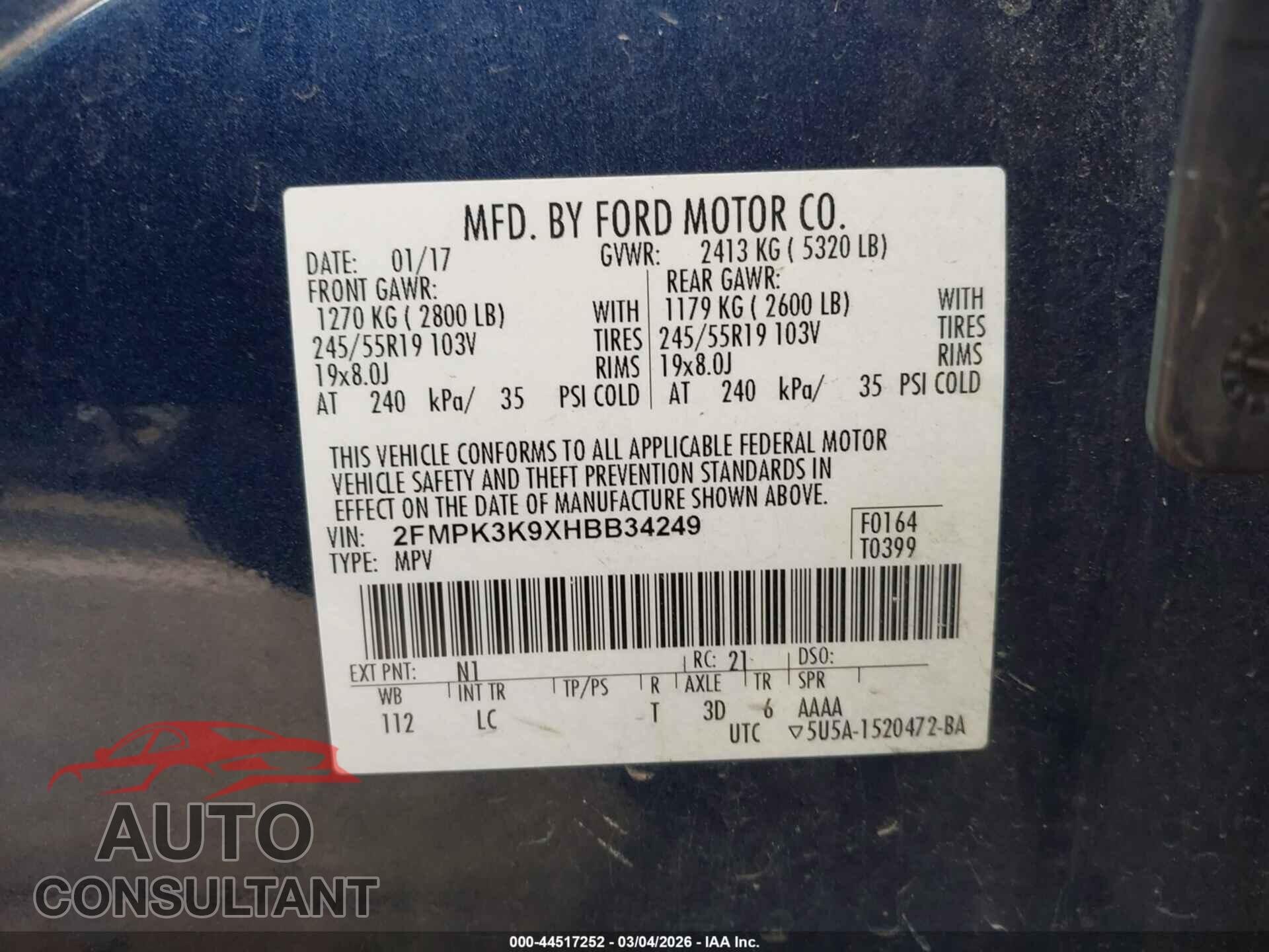 FORD EDGE 2017 - 2FMPK3K9XHBB34249