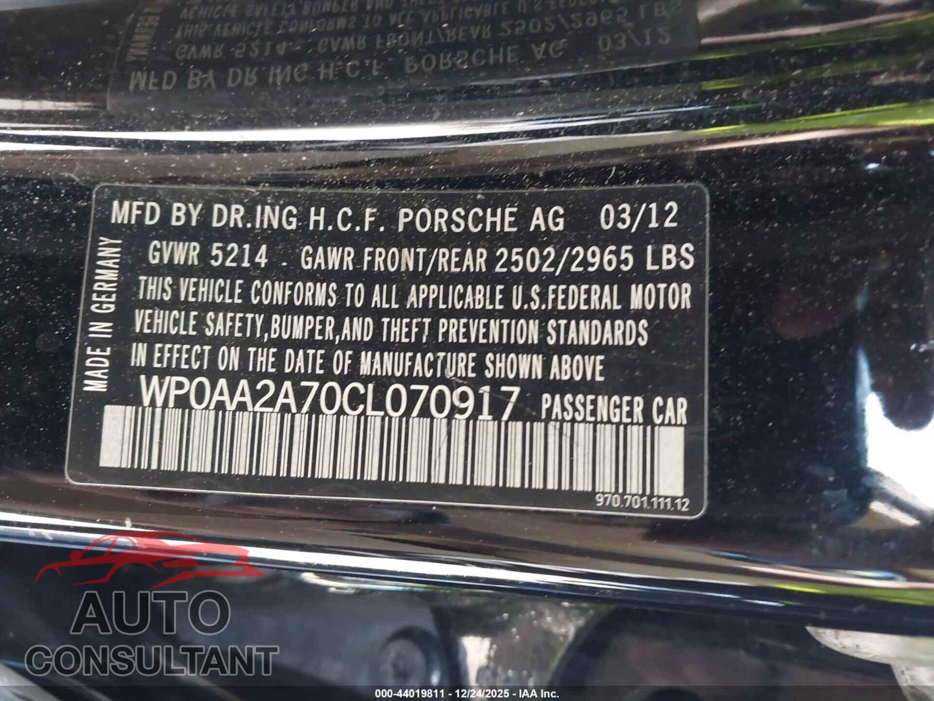 PORSCHE PANAMERA 2012 - WP0AA2A70CL070917