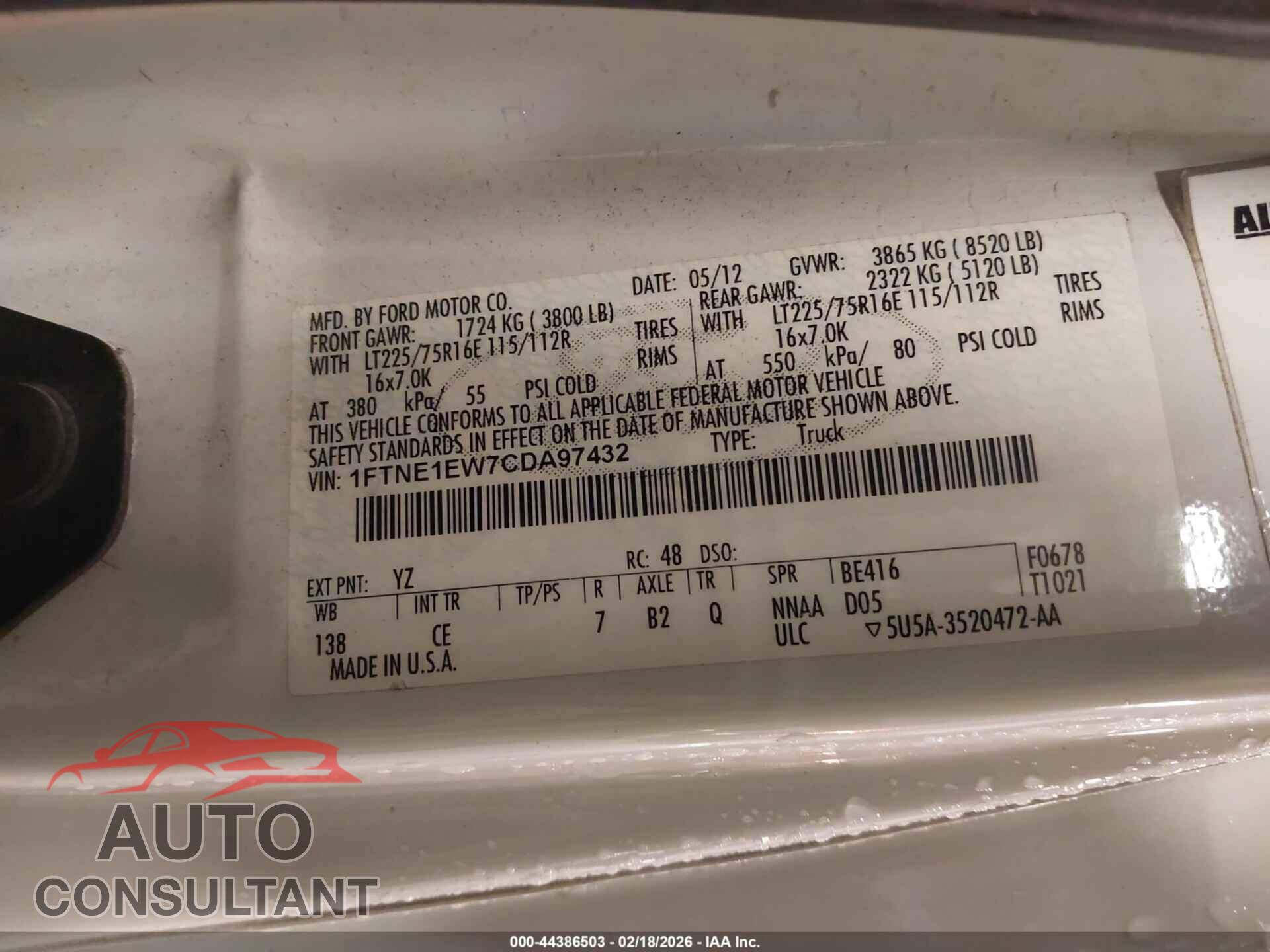 FORD E-150 2012 - 1FTNE1EW7CDA97432