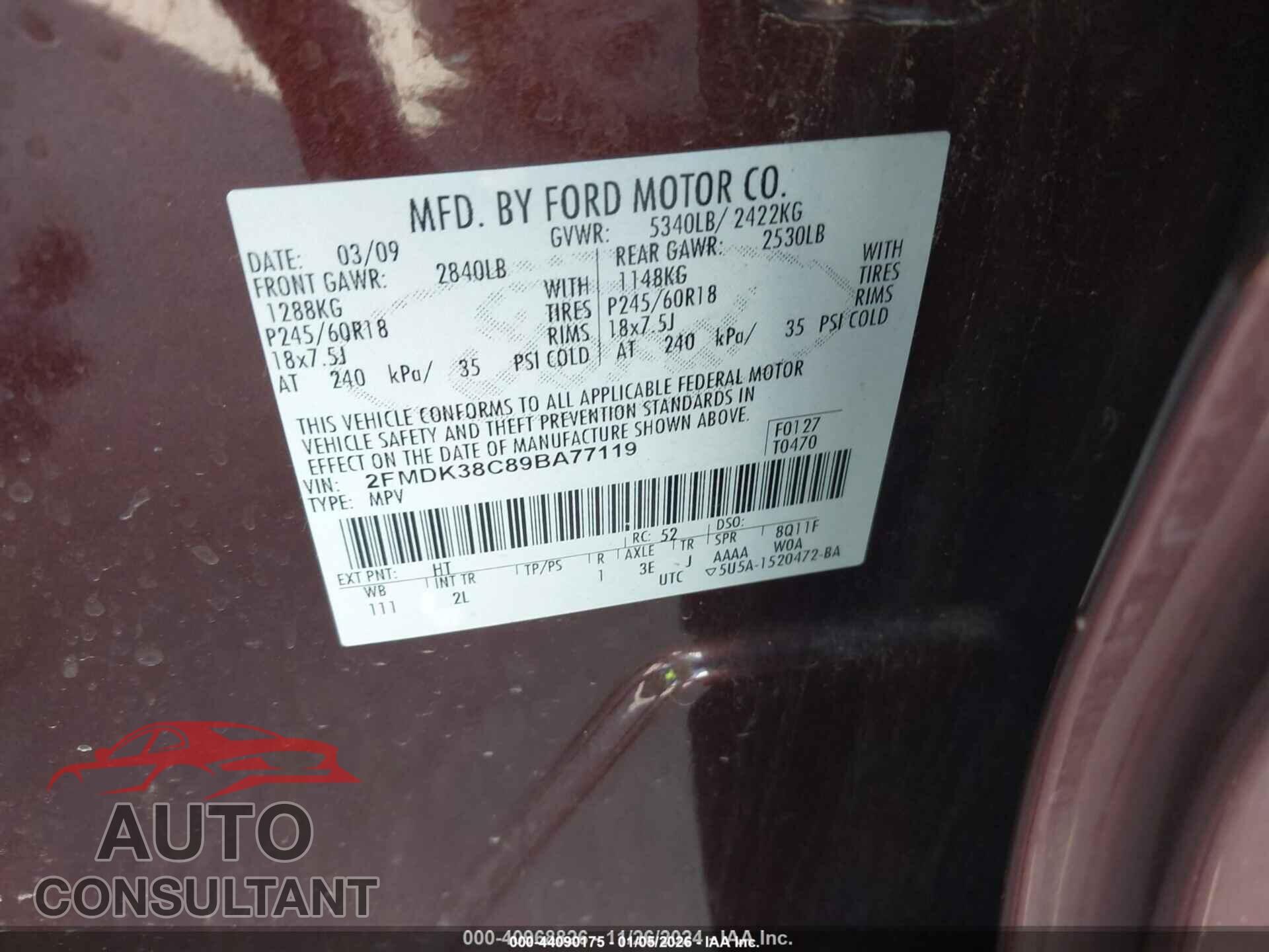 FORD EDGE 2009 - 2FMDK38C89BA77119