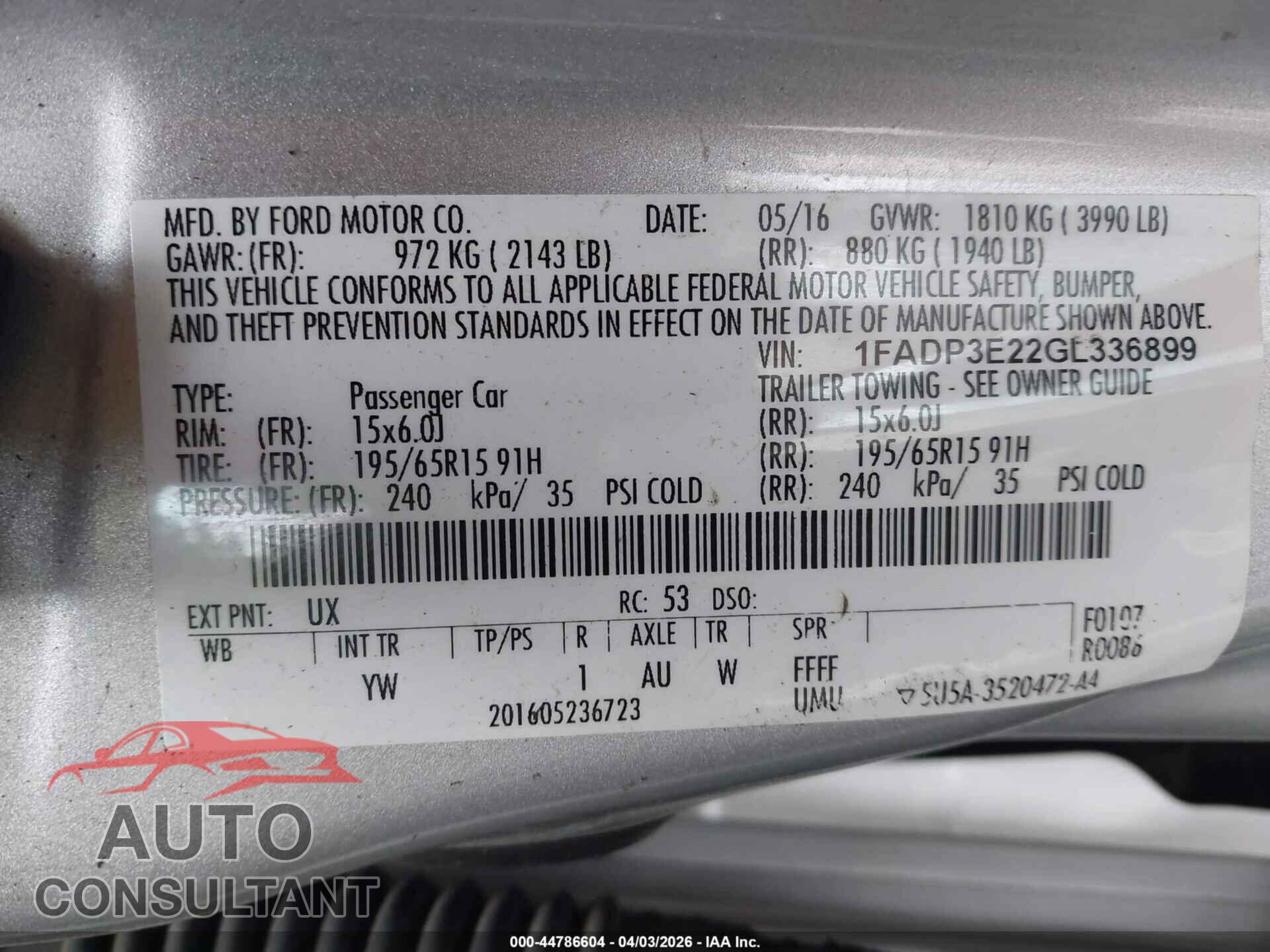 FORD FOCUS 2016 - 1FADP3E22GL336899