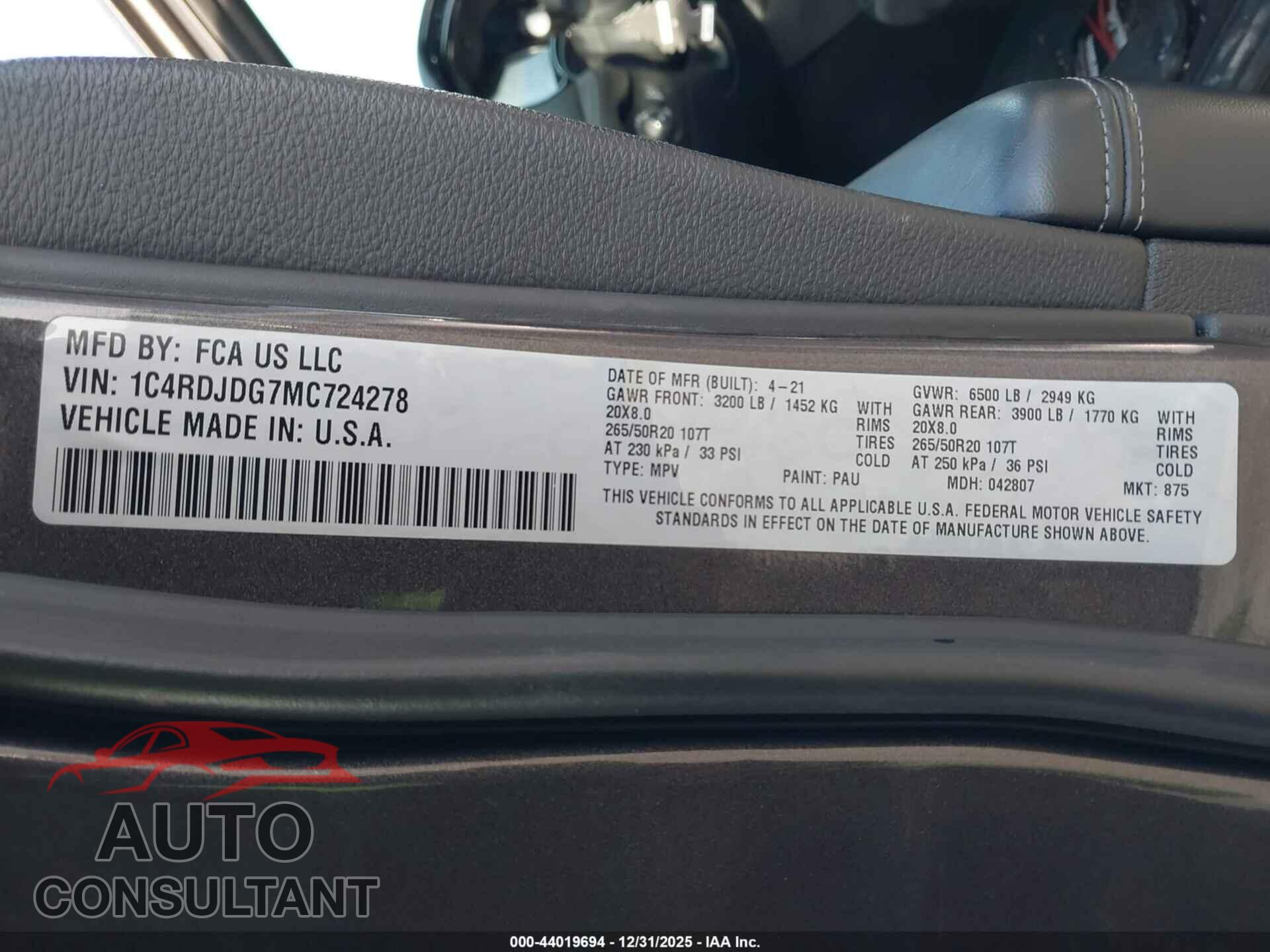 DODGE DURANGO 2021 - 1C4RDJDG7MC724278