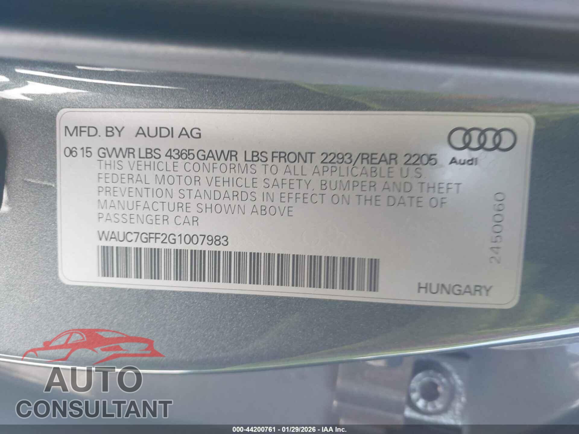 AUDI A3 2016 - WAUC7GFF2G1007983