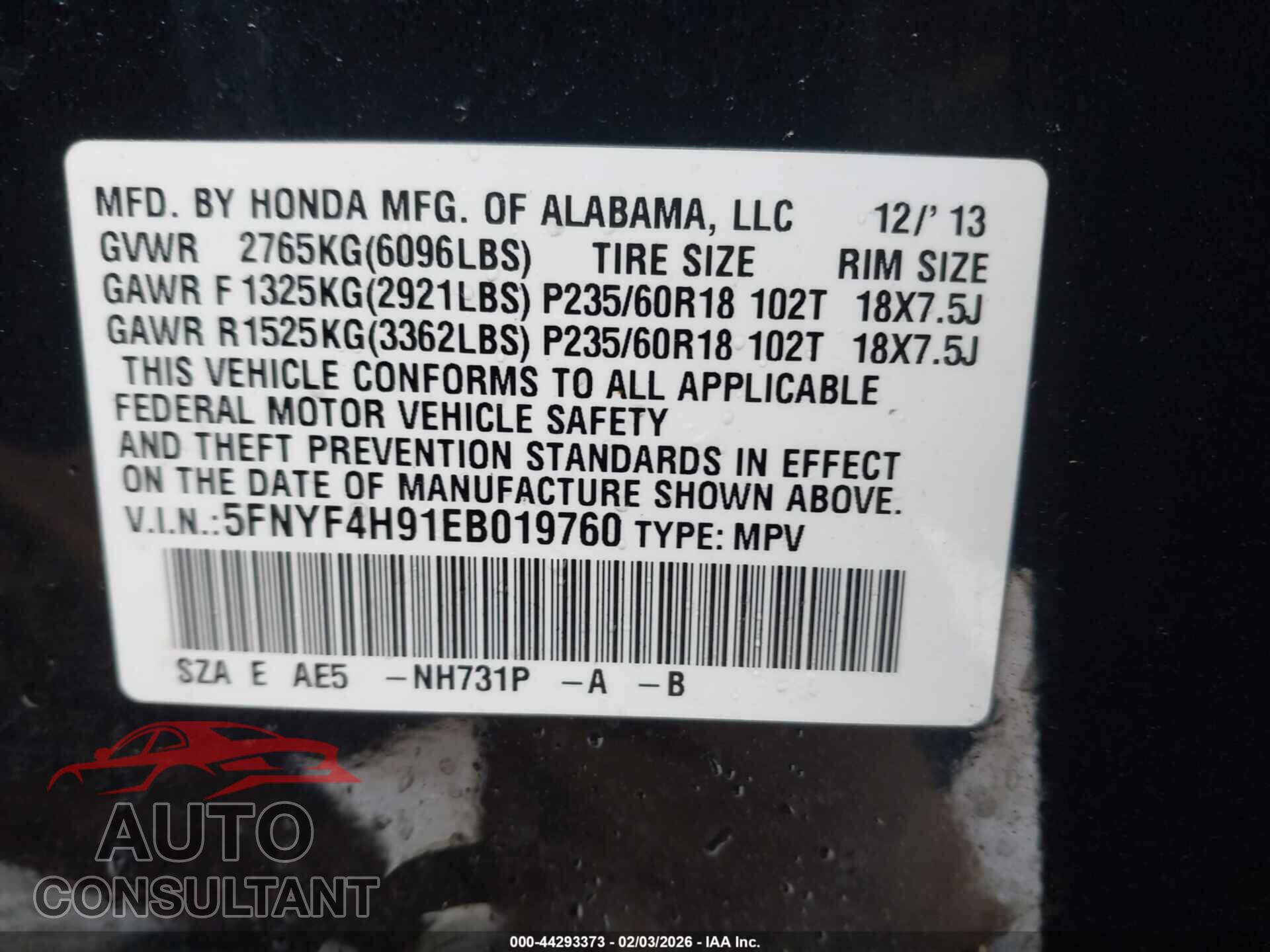 HONDA PILOT 2014 - 5FNYF4H91EB019760